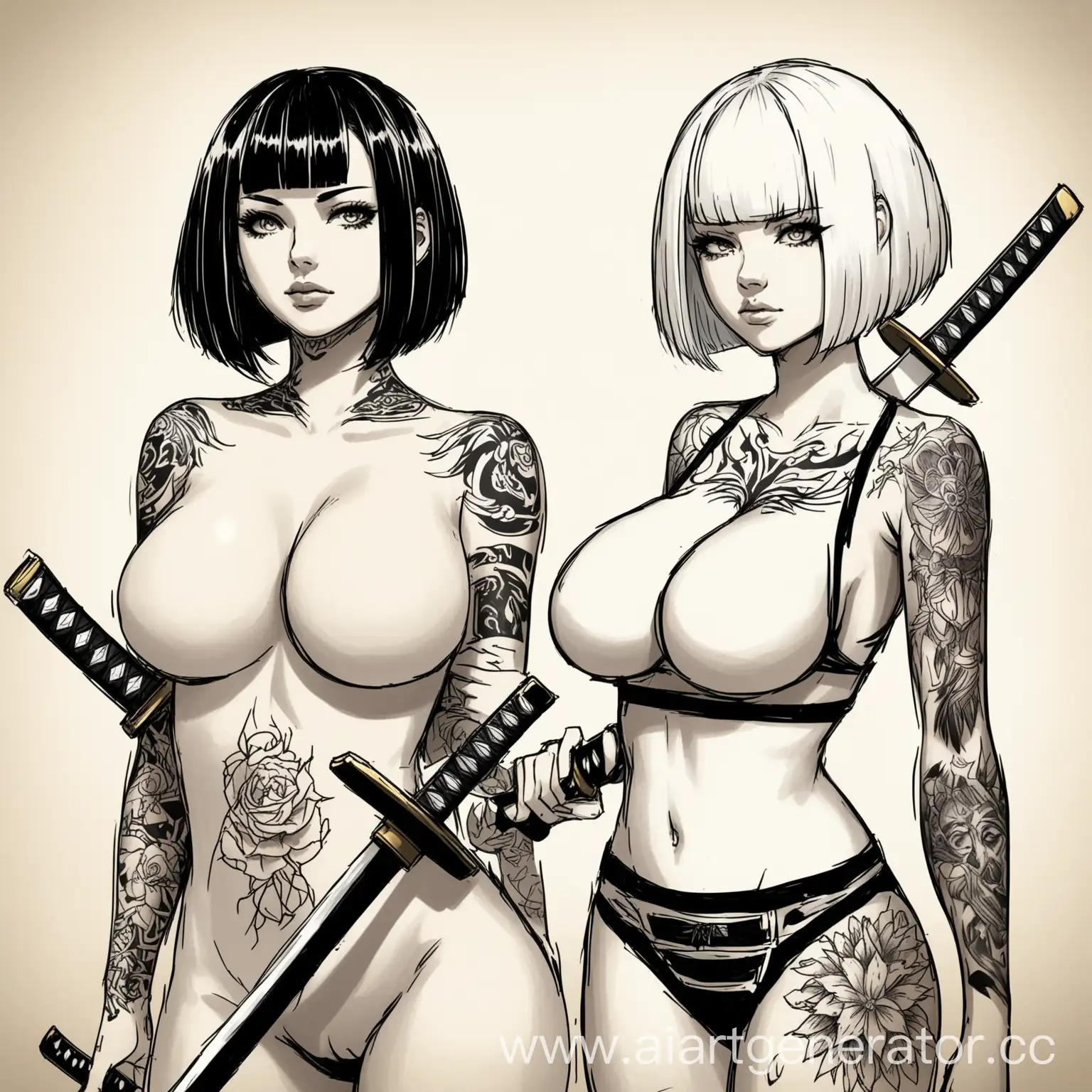 Tattoo-Sketch-of-SwordWielding-BobHaired-Woman-with-Unique-Companion