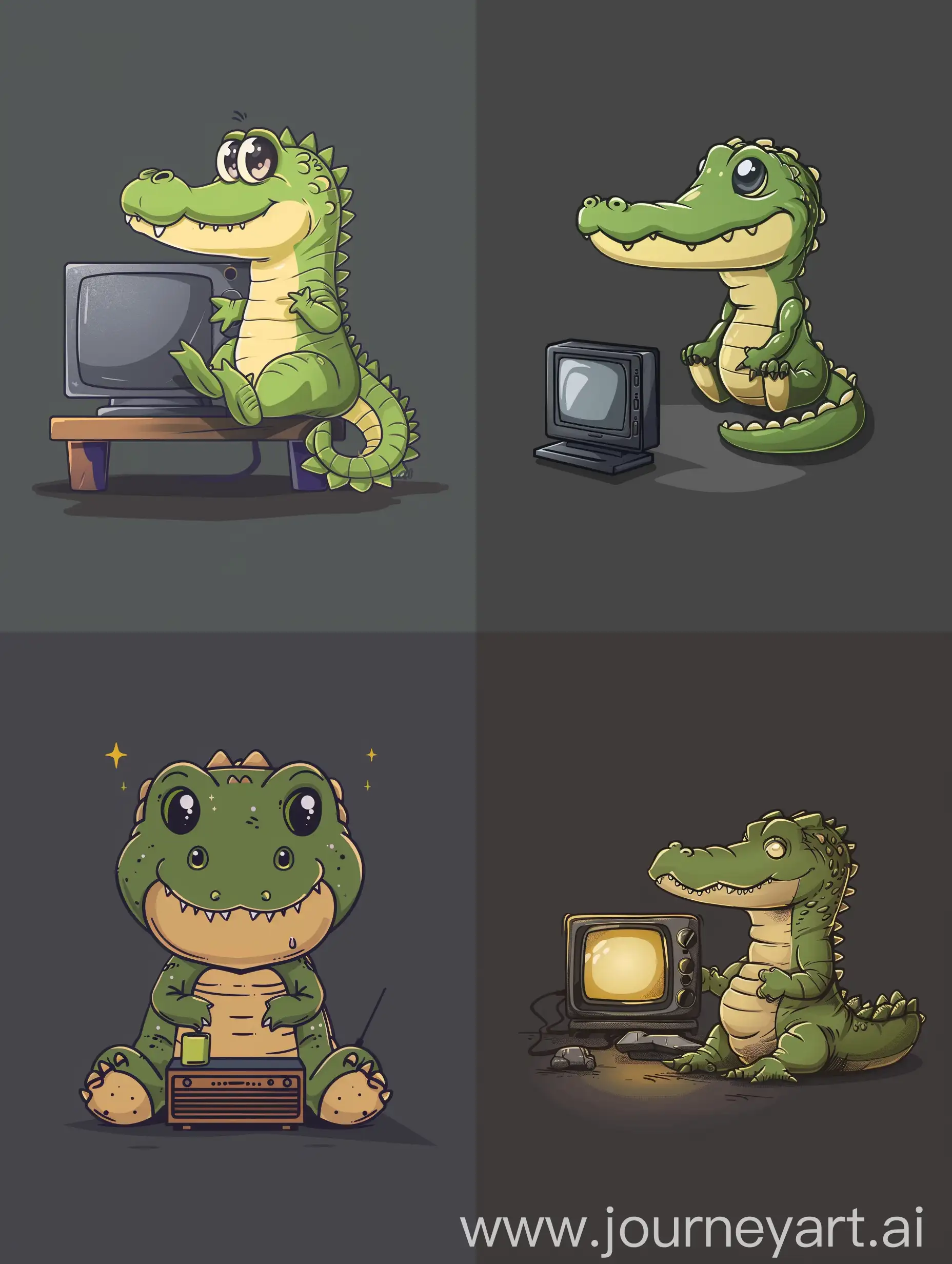 thin line style chibi cute crocodile watching tv, with solid dark grey background, small object and center concentrated image, far view point