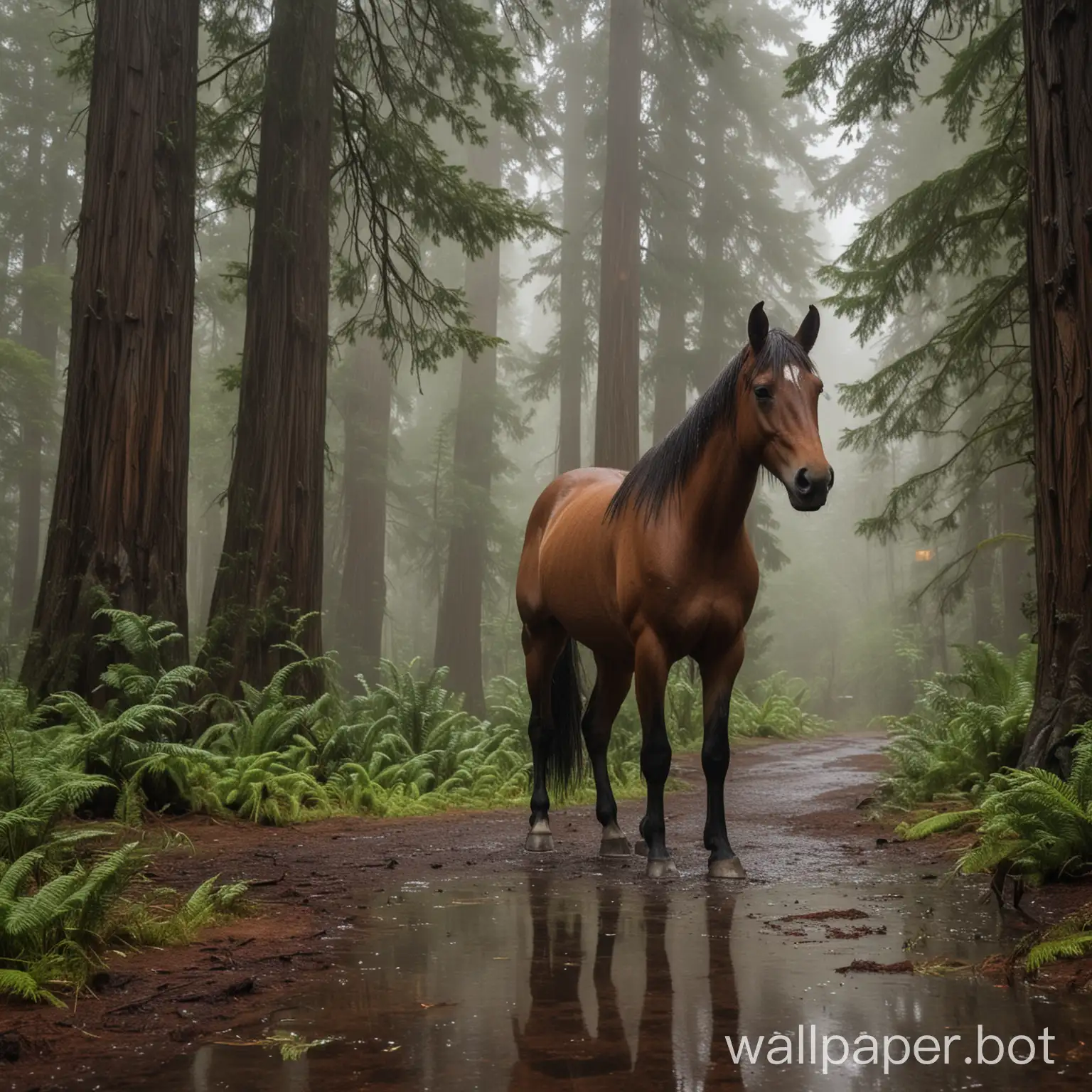 Horse in a redwood forest on a rainy day