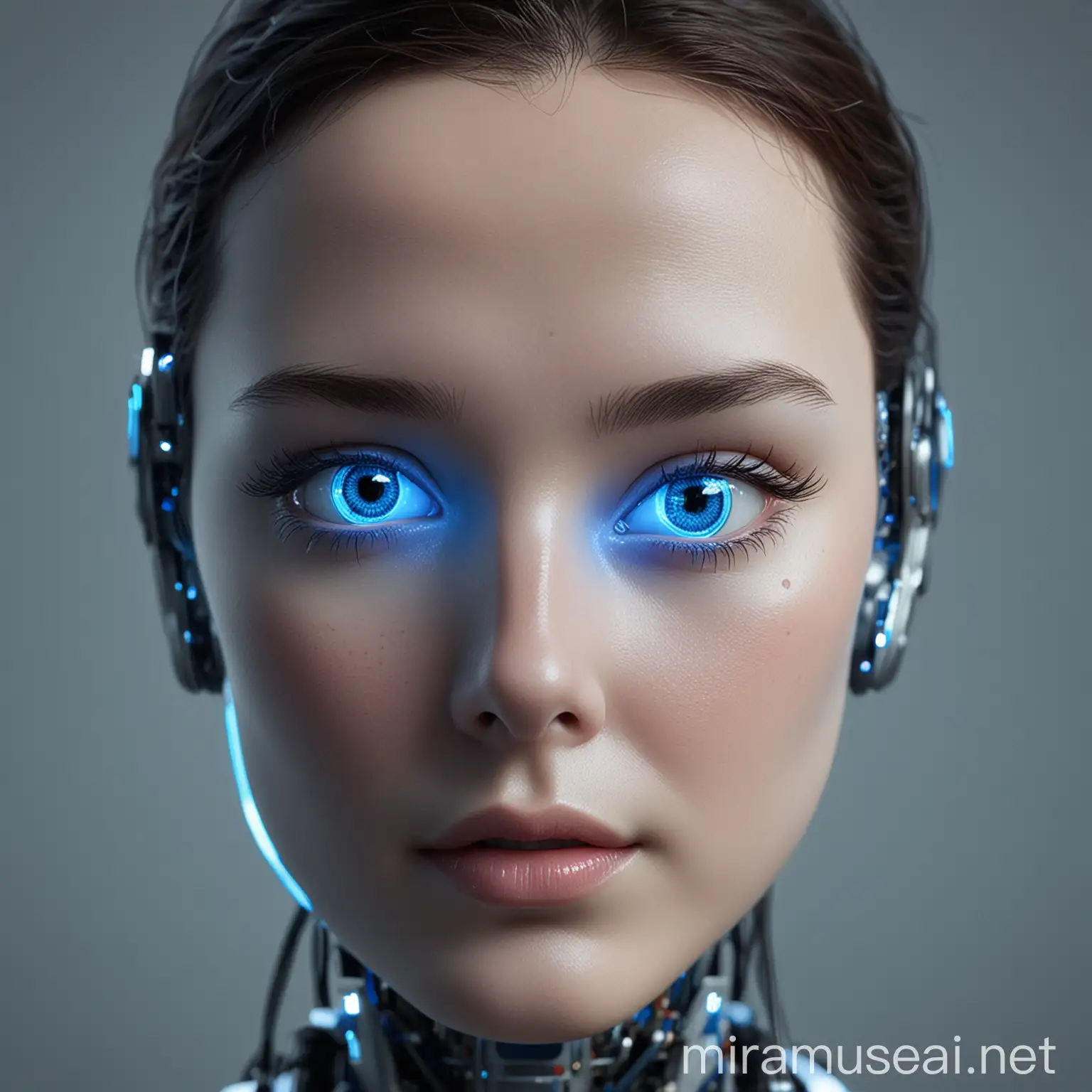 Artificial Intelligence Robot Face with Glowing Blue Eyes in Bright Light