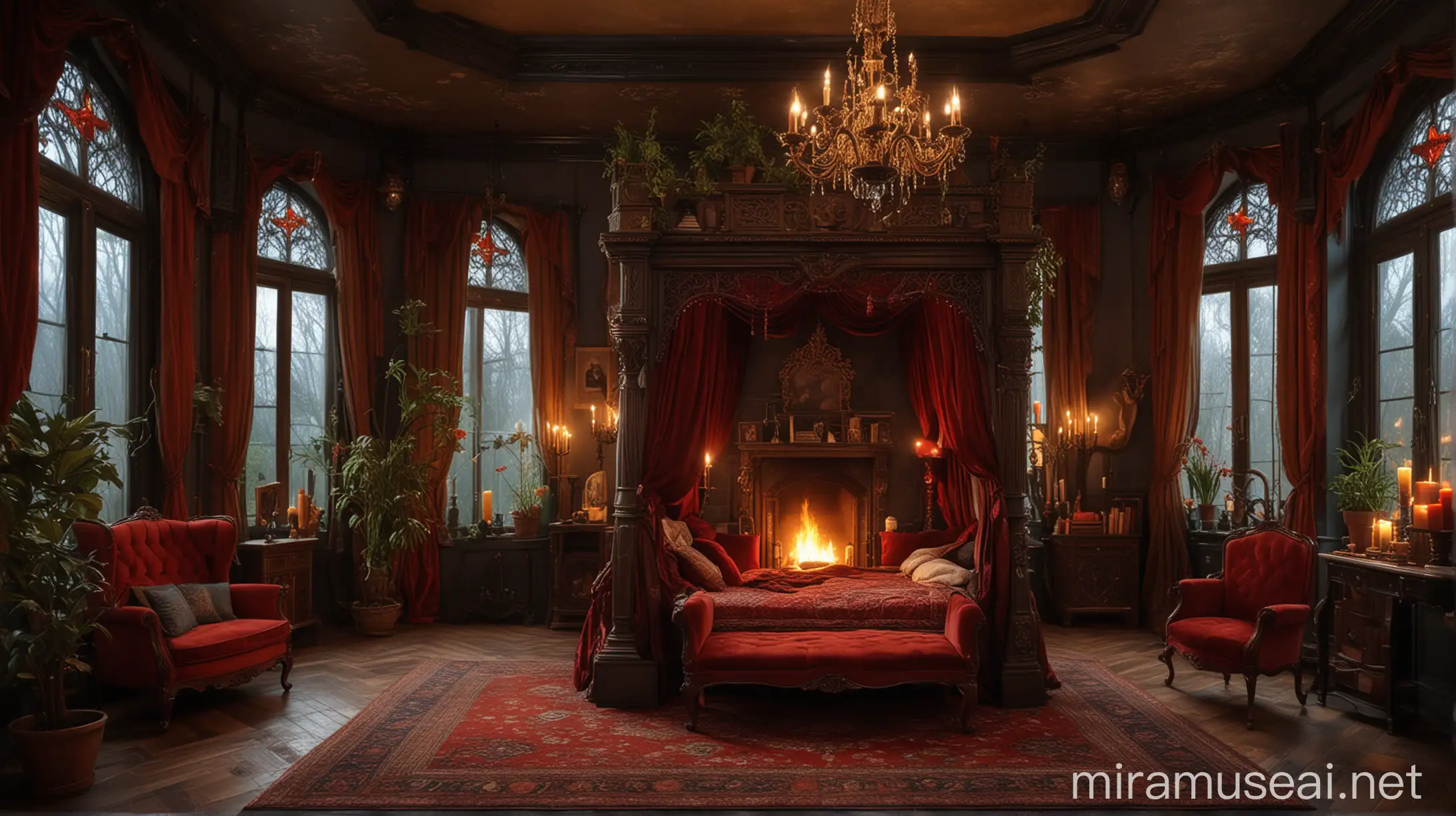 Opulent Victorian Bedroom with GothicInspired Decor and Warm Candlelight