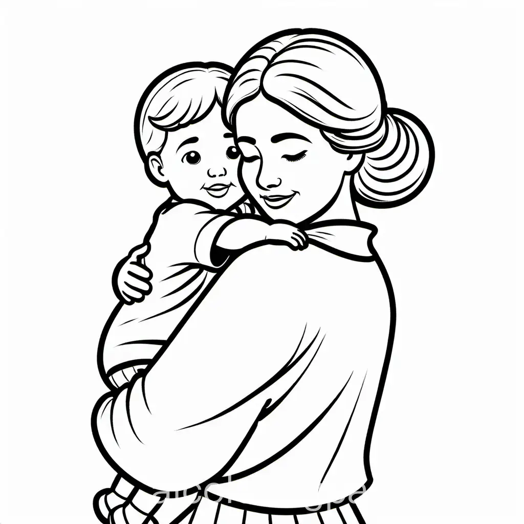 Mother hug kid, Coloring Page, black and white, line art, white background, Simplicity, Ample White Space. The background of the coloring page is plain white to make it easy for young children to color within the lines. The outlines of all the subjects are easy to distinguish, making it simple for kids to color without too much difficulty
