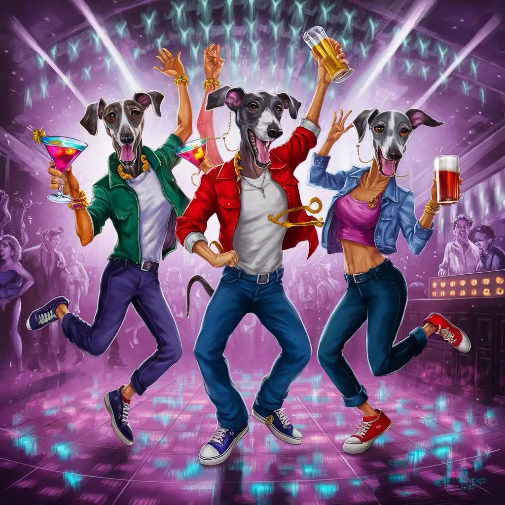 3 Greyhounds anthropomorphized as humans dancing in a nightclub with drinks in hands