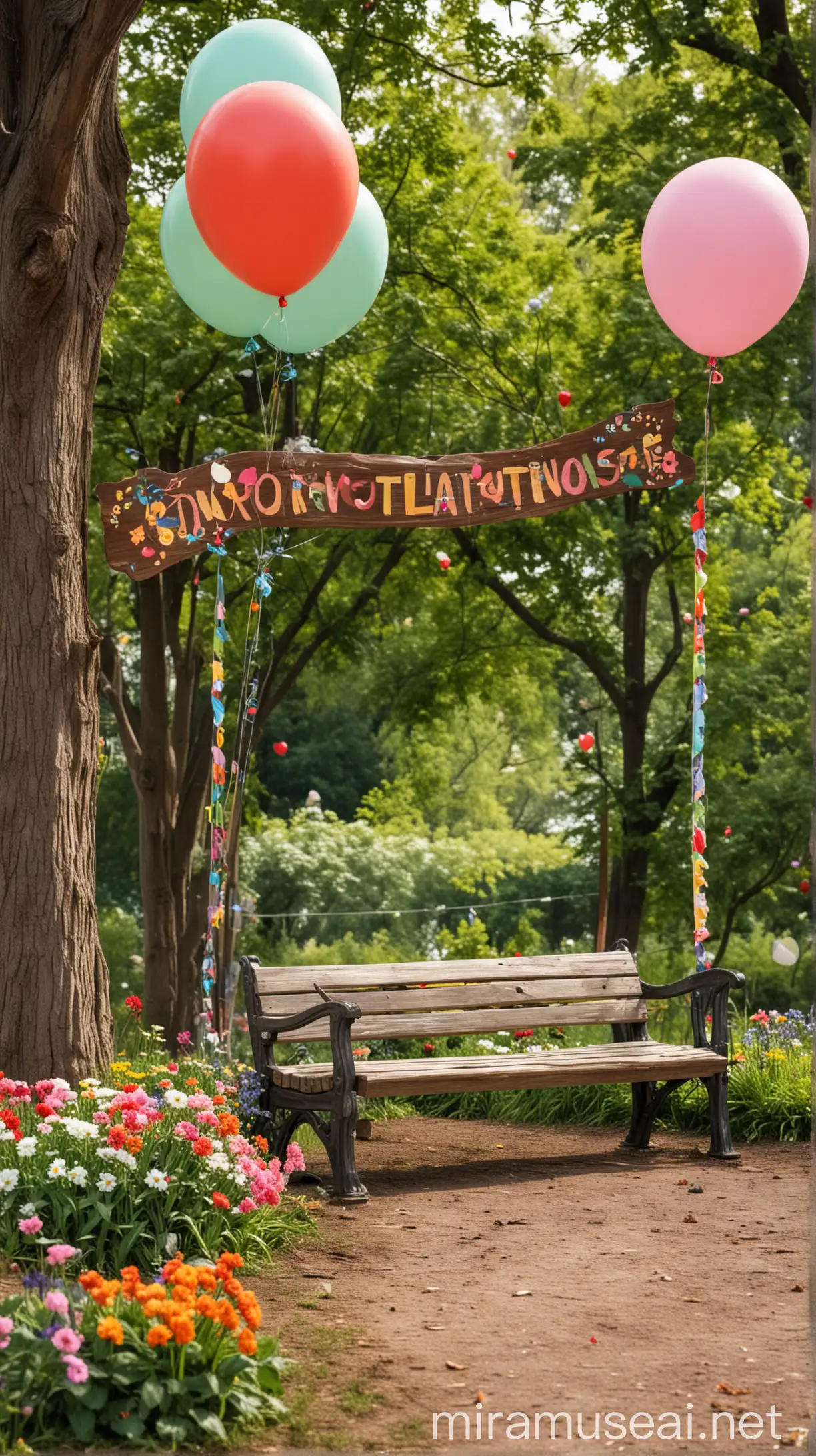 Park Bench Celebration with Balloons and Birds