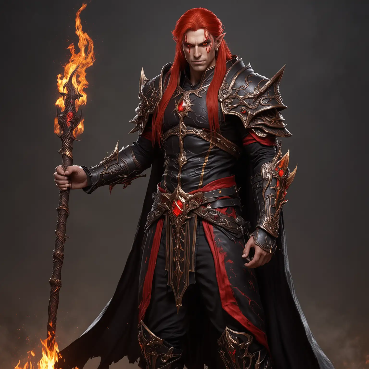 35 year old, male, blood elf, hot, sexy, blood Reed eyes and long blood red  hair, black and red priest robes, muscular, fire powers, rugged 