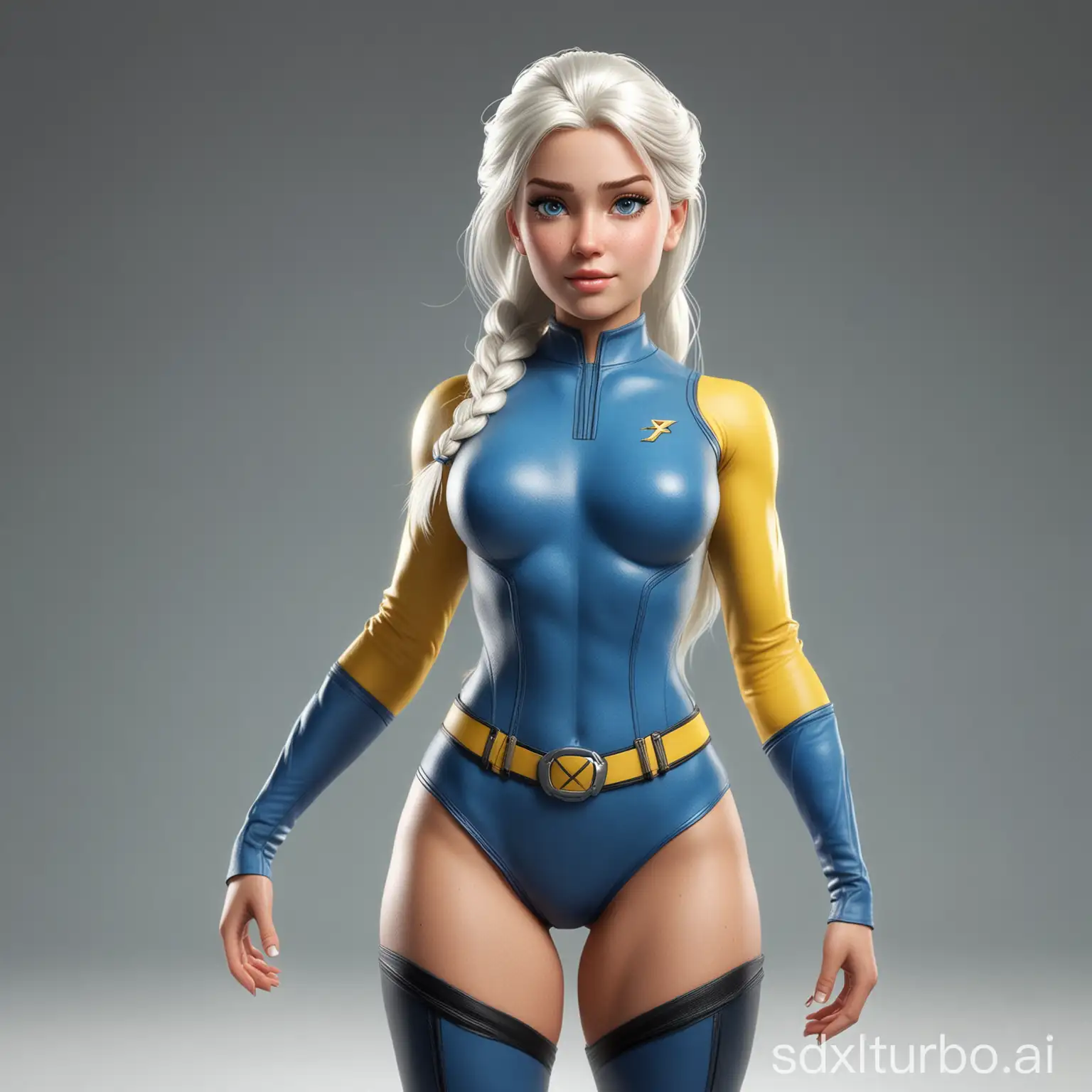 Realistic Elsa  with thick fit body, X-Men tight uniform, blue and yellow small shoulders, big ass, freckles on face with, sexy lips and white hair big tits tall sexy woman long muscular legs. frontal pose young baby face with crystal blue eyes. pear shaped body. bottom part of the body really big wider and top part of the body smaller.(full body head to feed)