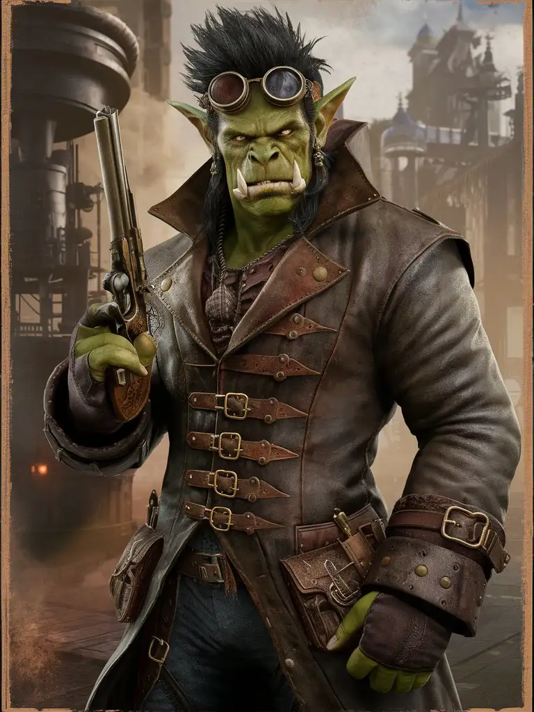 Green-skinned orc man, black spikey hair, jutting bottom fangs, steampunk, goggles, pistol, leather coat