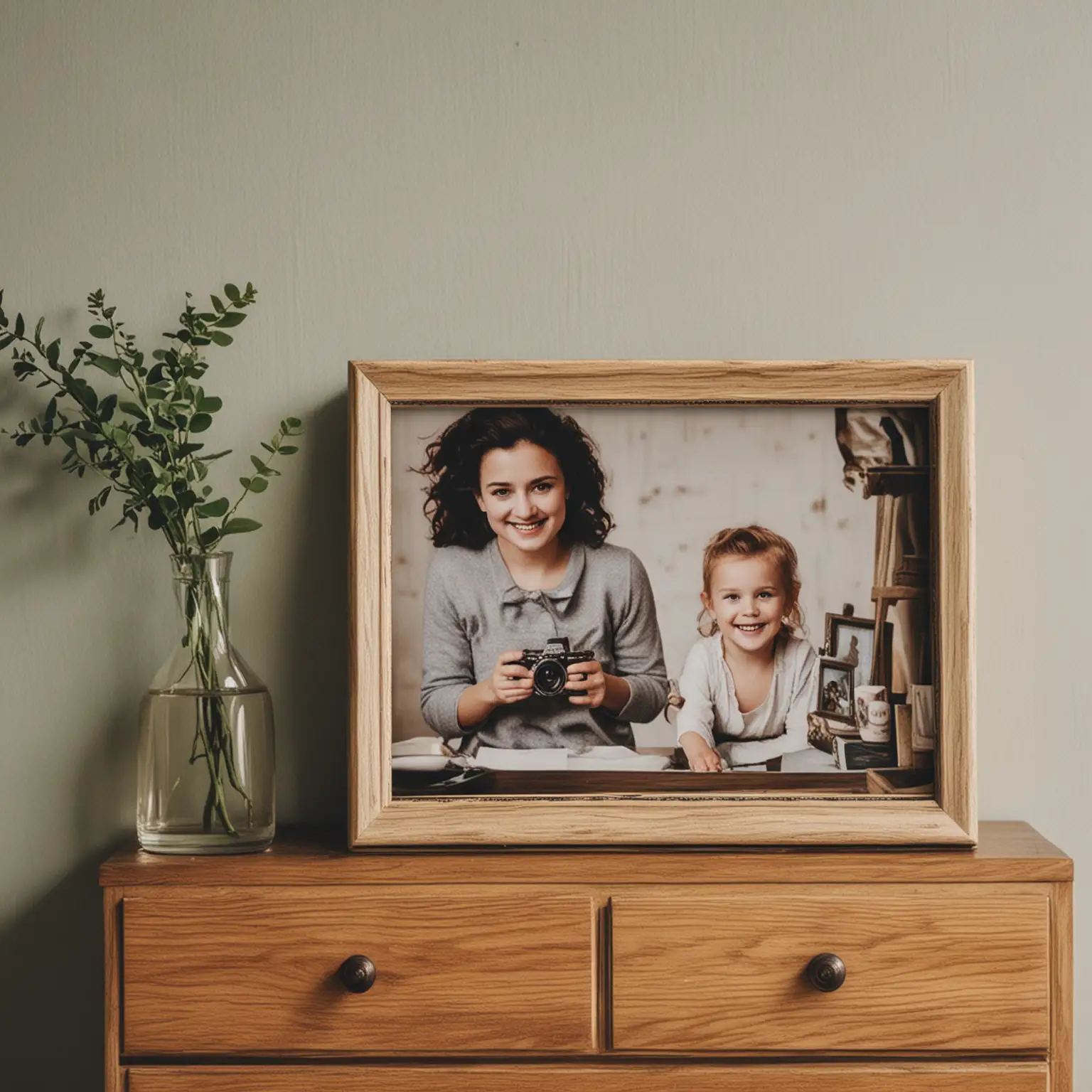 generate a photo about a photo frame on a dresser