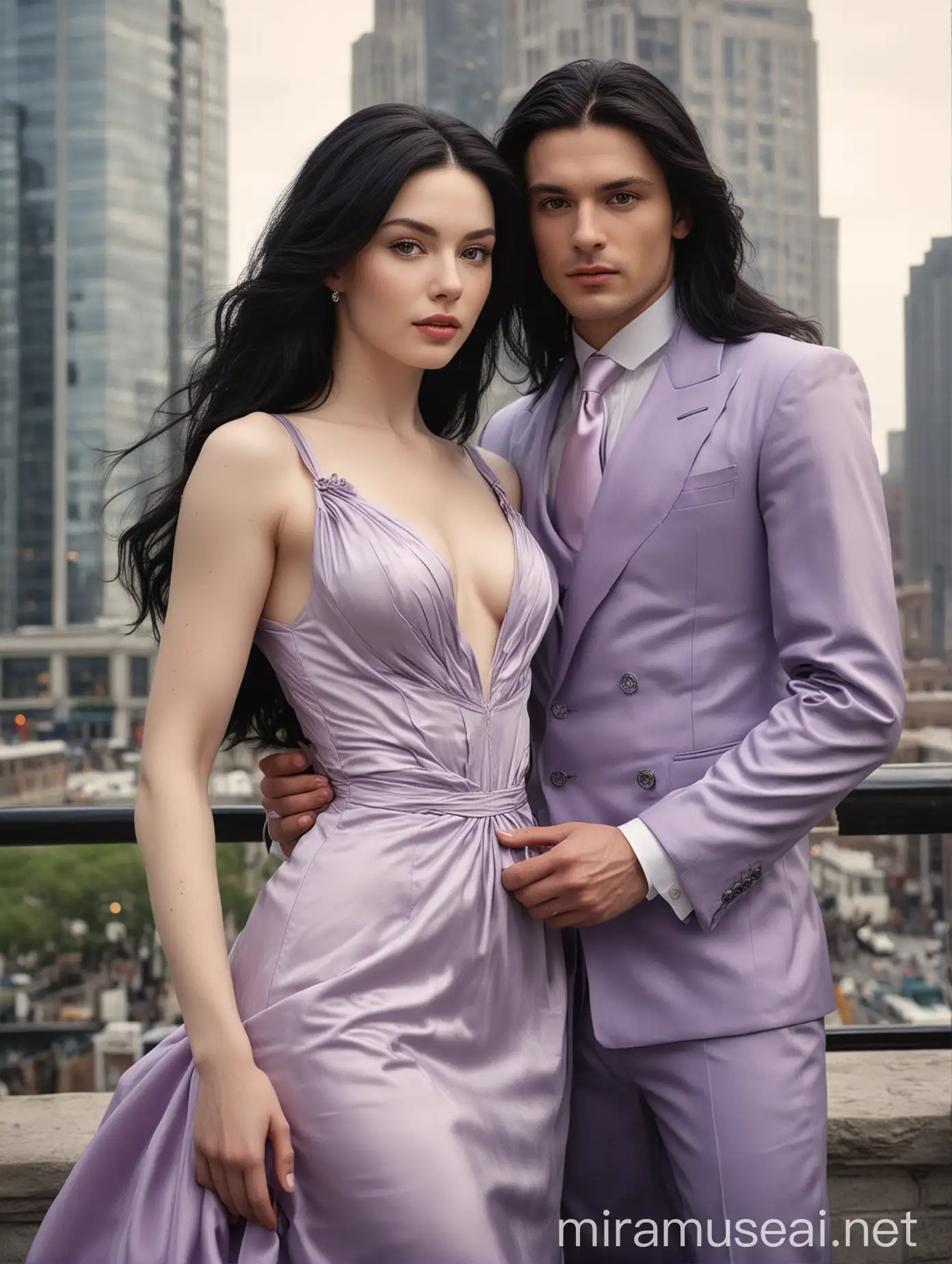 The subject of the portrait is a woman with white, pale skin and a flawless physique and a man that has pale flawless skin. The woman have long, lustrous black hair that shines brightly and the woman is wearing a captivating lilac dress that highlights her hourglass shaped body while the man on her side is wearing business attire and the man should have short regulation-cut silver hair. The image should prominently highlight their brown eyes while ensuring the eye and hair color remain distinct. The background should be tall buildings in the island.