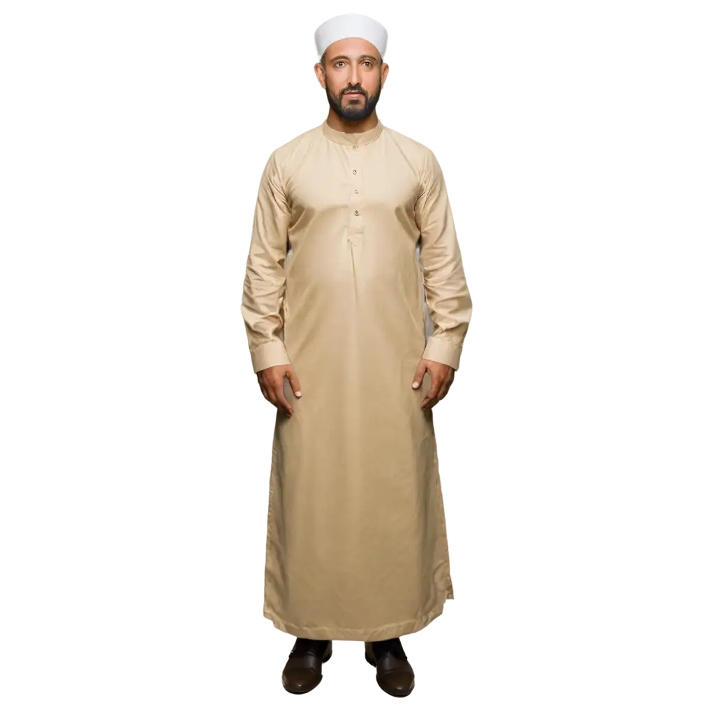 hyper photography, seorang ayah (usia 50 tahun) memakai pakaian muslim lengkap, menghadap kamera depan, full body, latar belakang abu