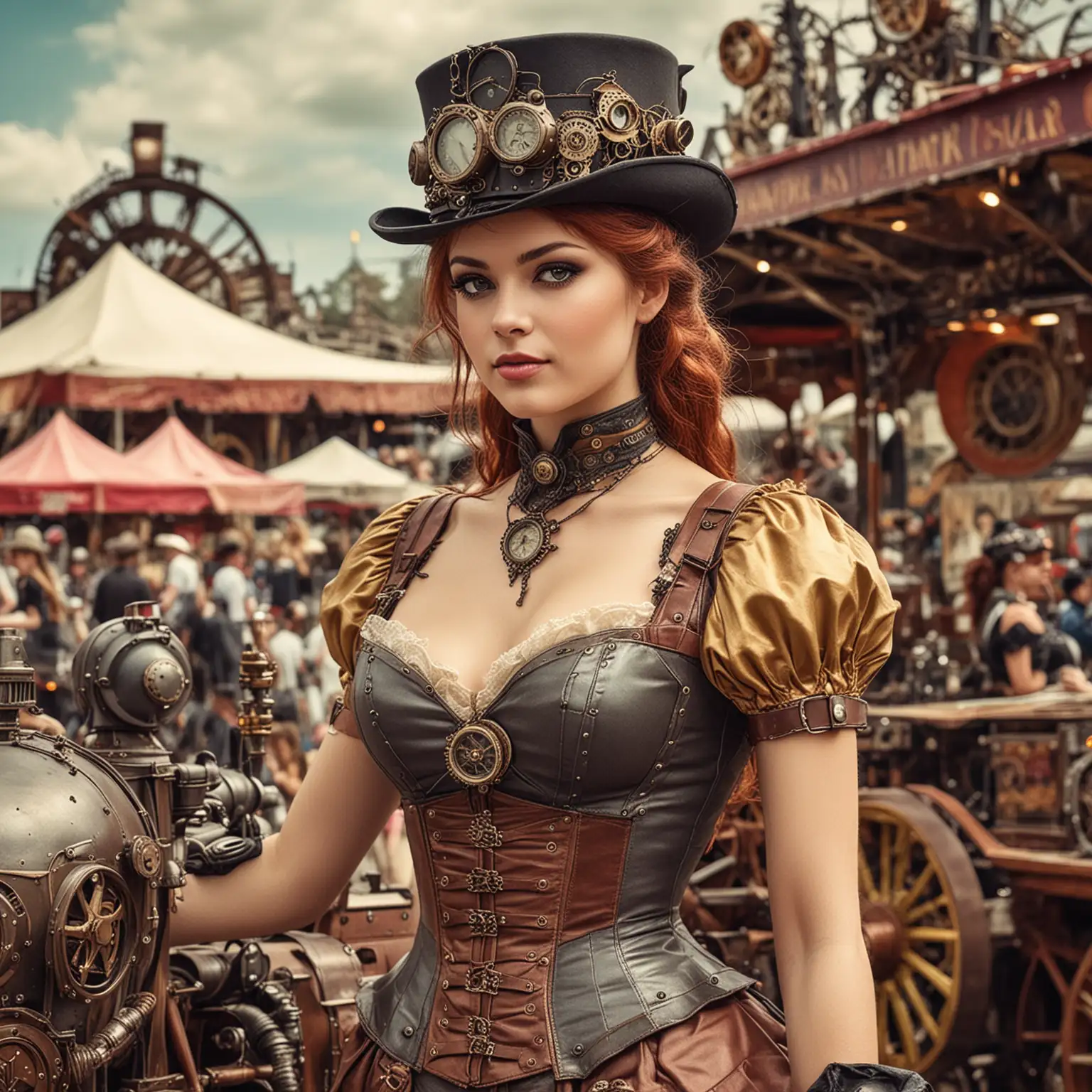 Beautiful colored postcard with a steampunk super model at a fair.