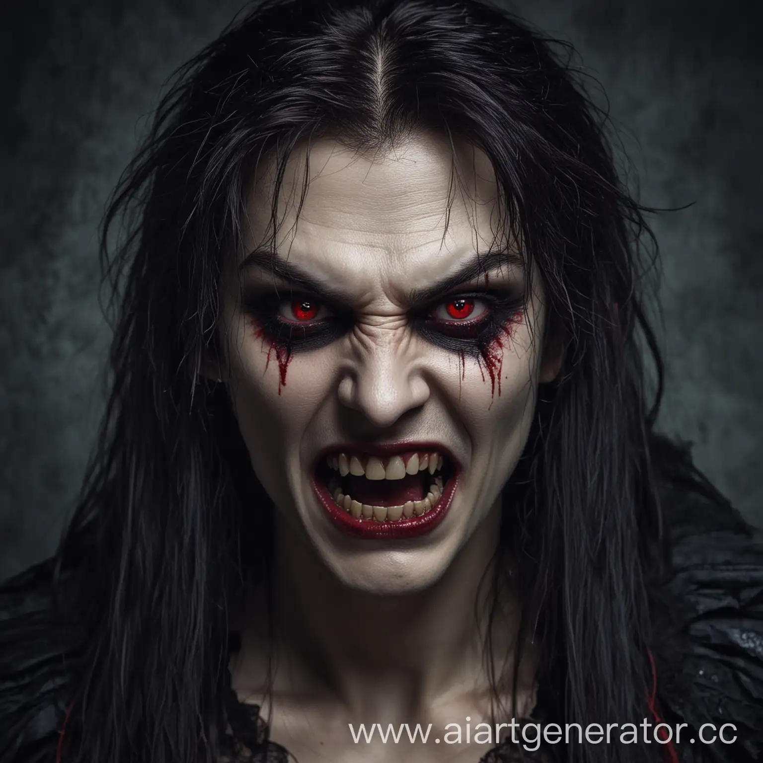 Вампир с красными глазами и клыками