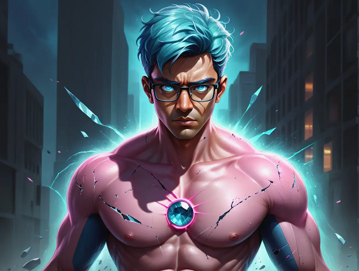 Create an image of a brave male android in his 30s, who is shirtless and bears a visage of stalwart determination. He has glowing aquamarine eyes, short navy-blue hair, and is wearing glasses. His pink shirt is torn and his jeans are ripped, signs of the exhausting battle he has been through. Nevertheless, his grit is evident as he fights his way back into the looming danger. He is driven by his unwavering resolution to save his male human love interest of South Asian descent. His expression mirrors his unwavering commitment and his eyes are fired up with determination. The background is filled with the tumult of the ongoing battle, but despite the adversity, he forges ahead with relentless courage, prepared to overcome any hurdles to rescue the person he loves.