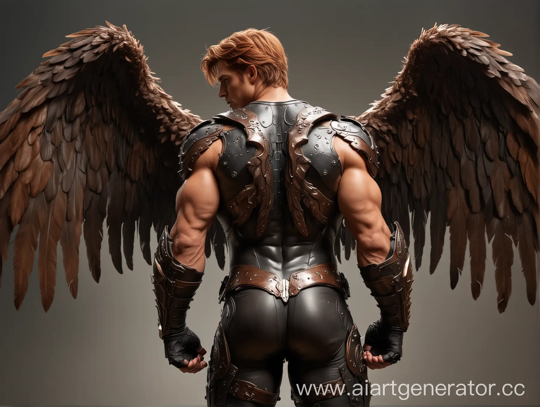 накаченный ангел мужчина с каштановым каре, бурыми крыльями в черной броне, которая покрывает всё тело. он стоит спиной к зрителю.