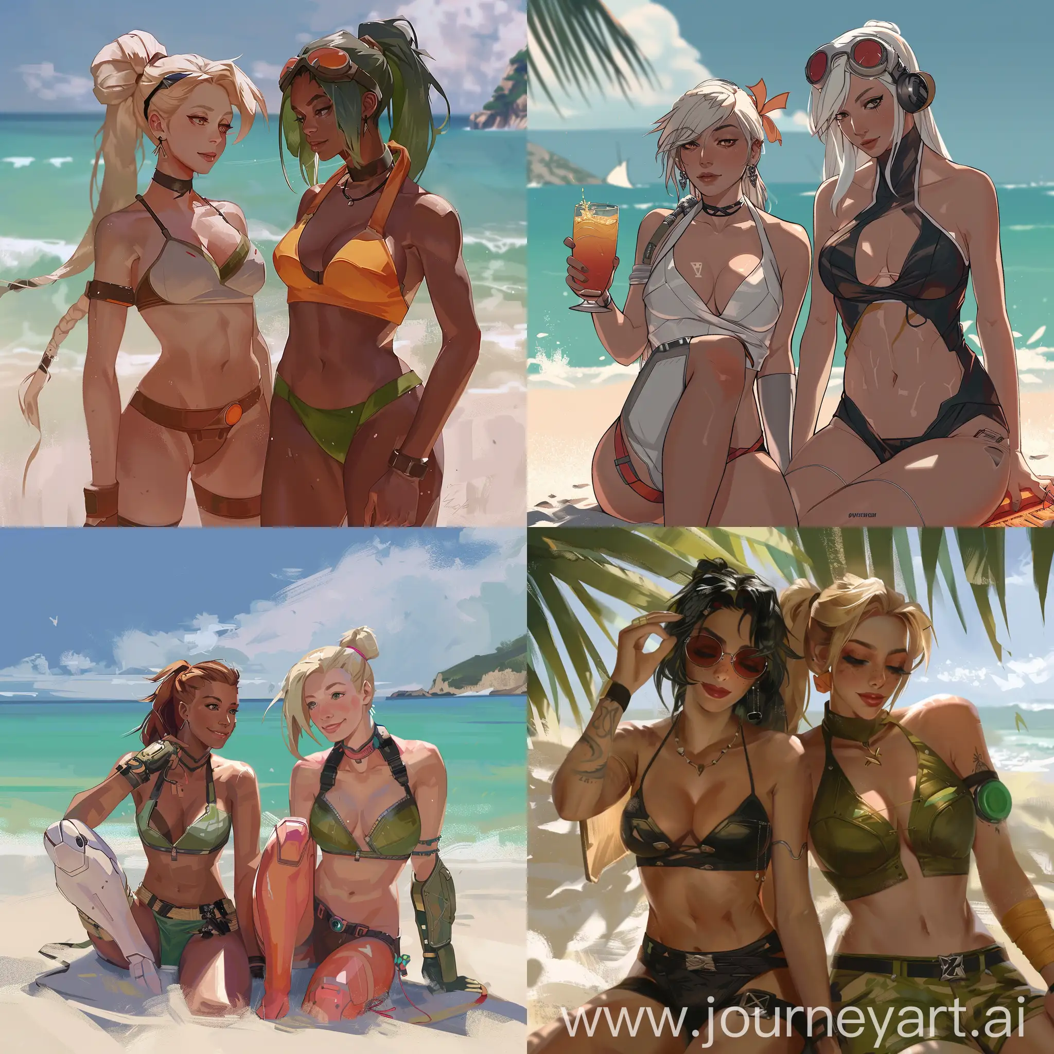 sage from valorant and mercy from overwatch chlling on the beach