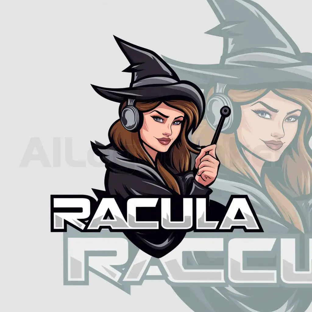 a logo design,with the text "Racula", main symbol:Female, witch, brunette, gamer, witchcraft ,Moderate,clear background