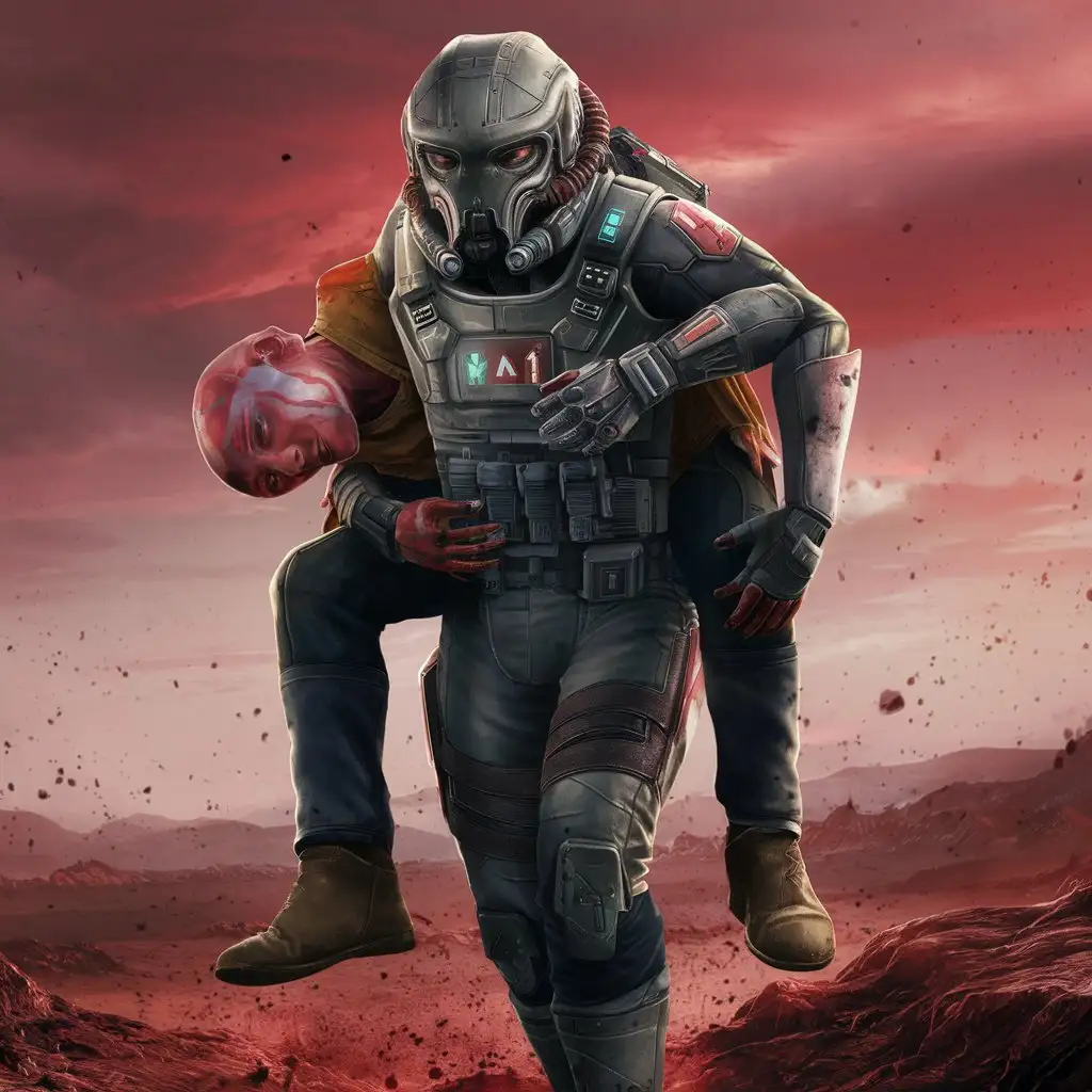 create an image of an alien soldier wearing a tactical vest and an M1-helmet looking saving a fellow alien soldier