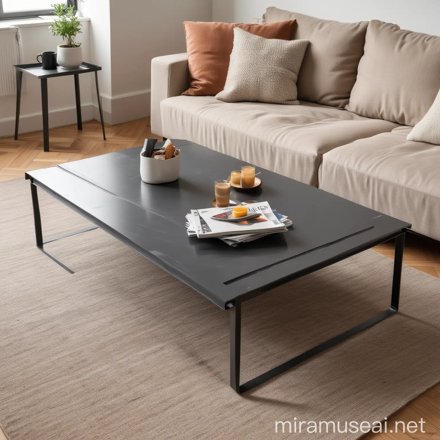 a realistic photo of a coffee table made of sheet steel, without thin table legs but the top plate bent at the sides, with minimalist modern design, in the background a simple but cozy-looking sofa, the photo is for a website where you can buy this coffee table.