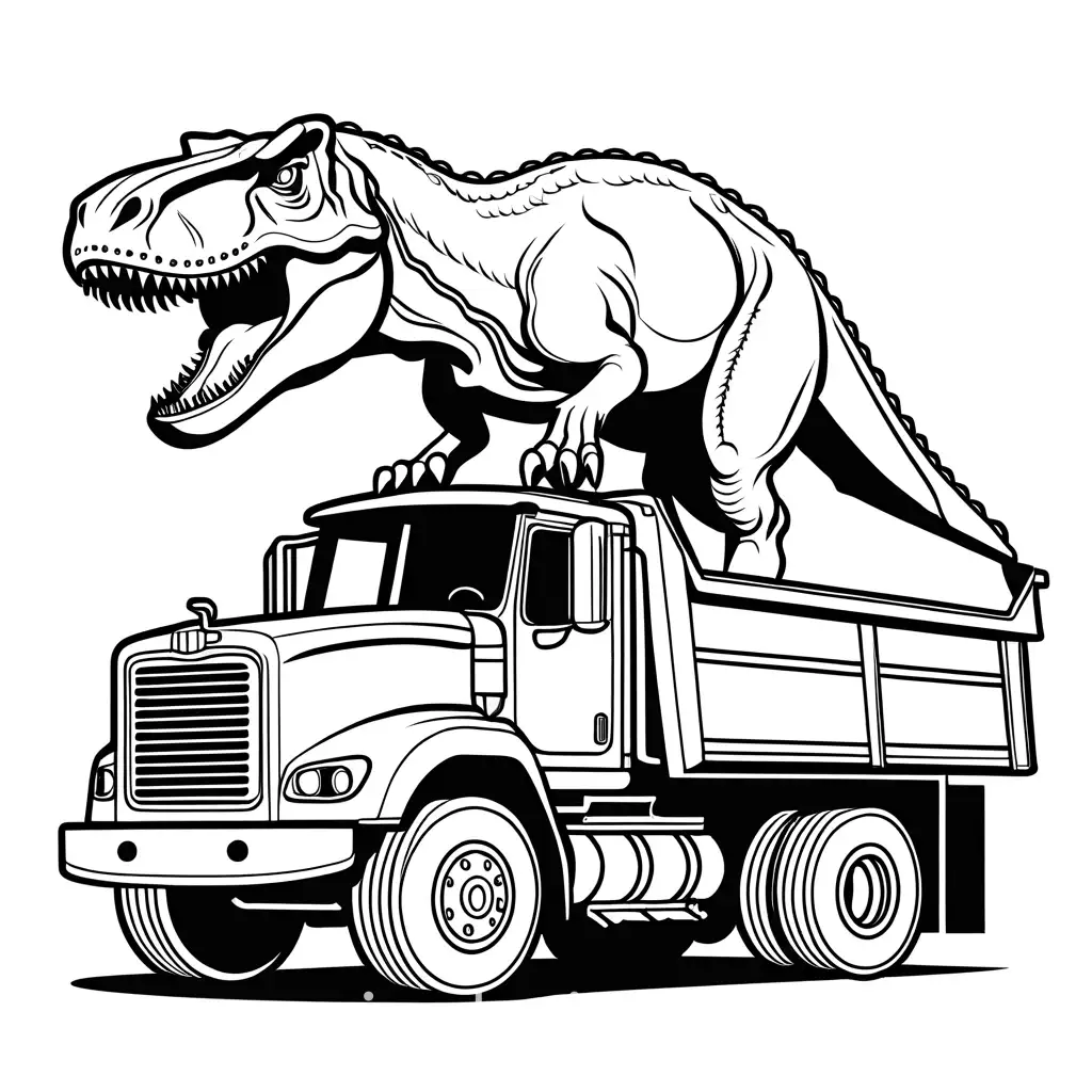 T. rex driving dump truck, Coloring Page, black and white, line art, white background, Simplicity, Ample White Space. The background of the coloring page is plain white to make it easy for young children to color within the lines. The outlines of all the subjects are easy to distinguish, making it simple for kids to color without too much difficulty