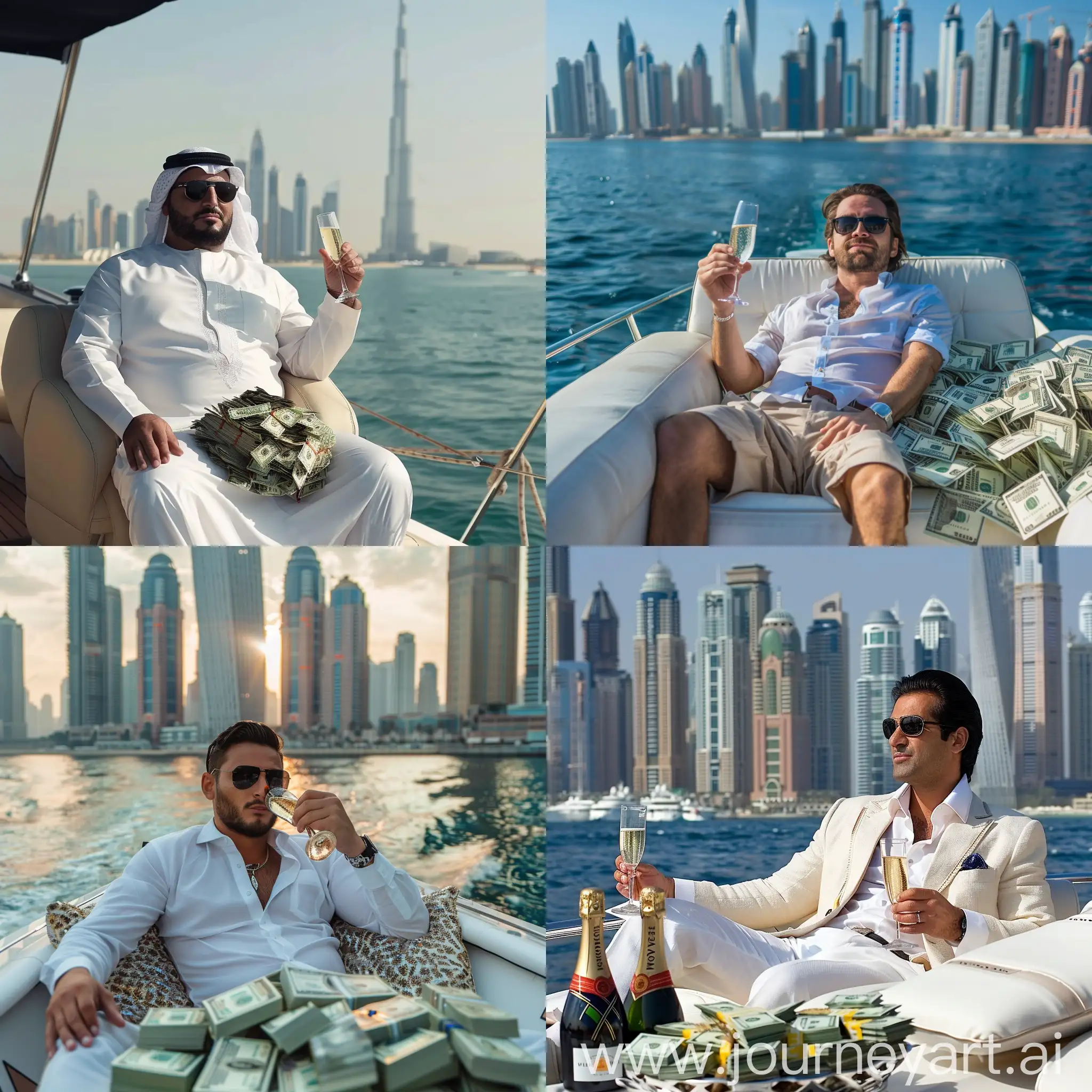 богатый мужчина сдит на яхте с кучей денег попивая шамапнское на фоне дубая