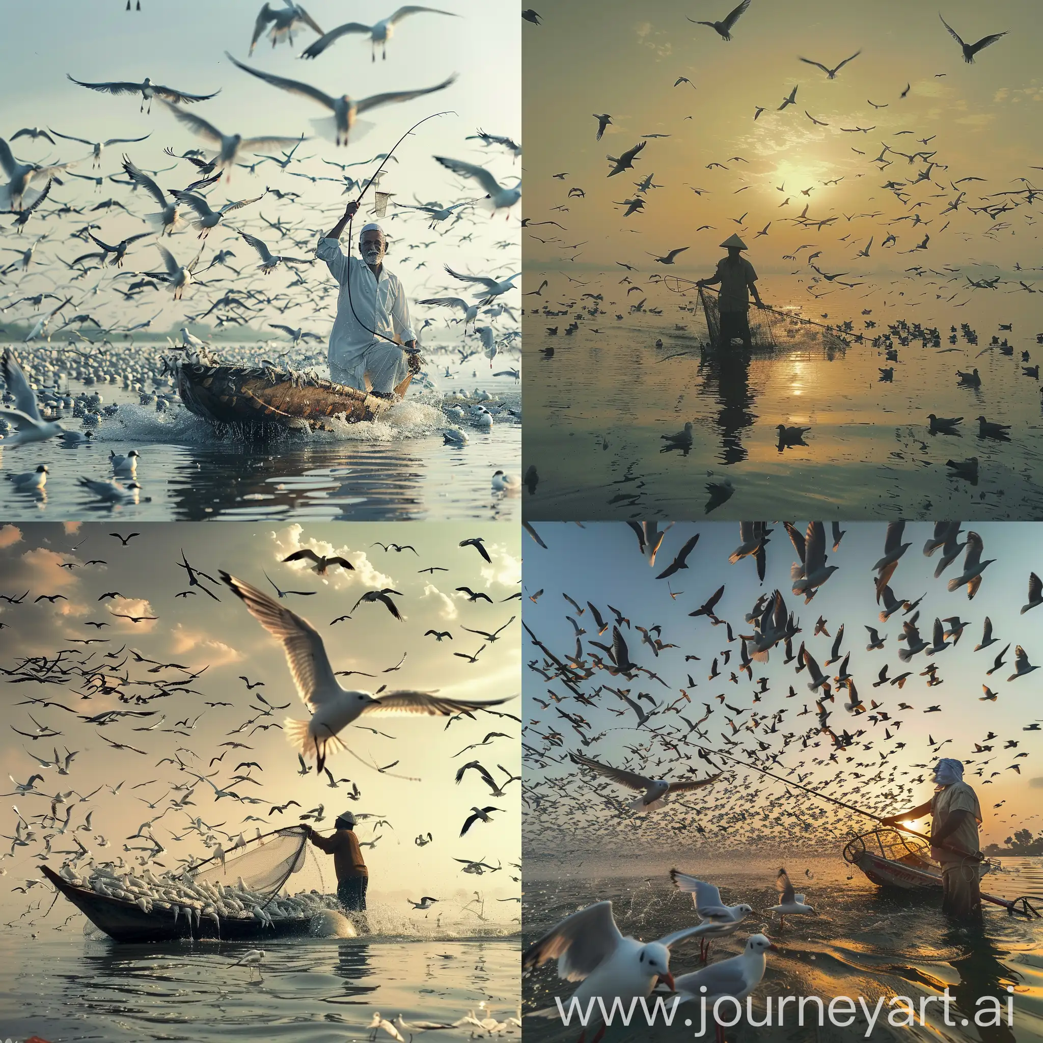 Coastal-Fisherman-and-Eccentric-Bird-Catcher-Surrounded-by-Myriad-Birds