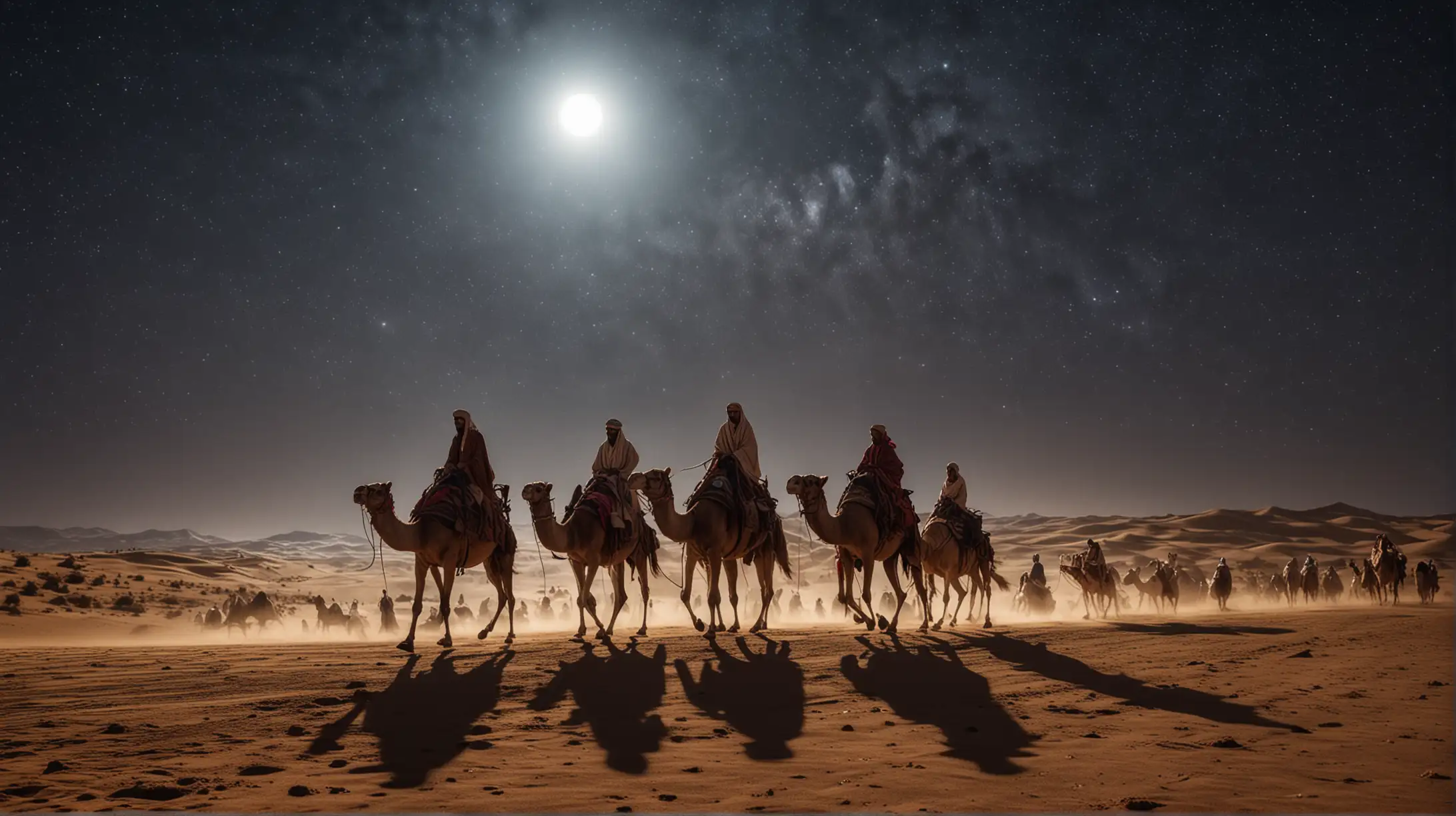 The quenn of Sheba caravan, camel and horses, people wearing ancient oriental clothes are traveling in the desert, night tine, sky full of stars, full moon, silver night light, cinematic, panoramic general view