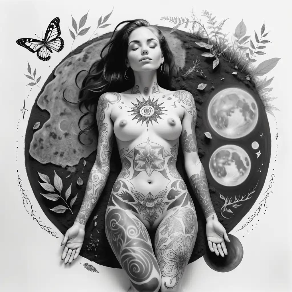black and white drawing of a beautiful woman, full body with spiritual tattoos lying on the earth feeling her energy rejuvenated from nature. ritual space around her. white background.