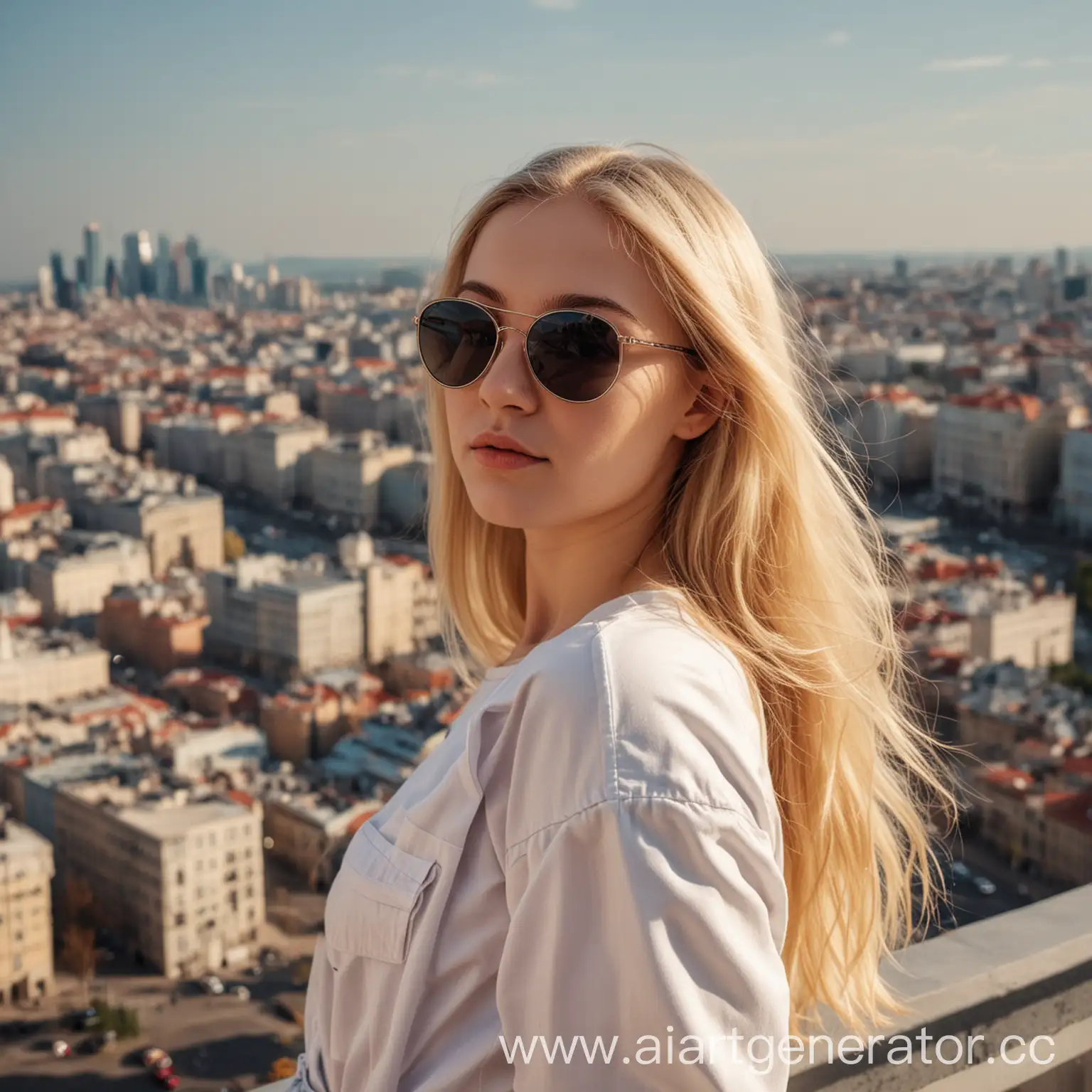красивая девушка блондинка с длинными волосами стоит полубоком в солнцезащитных очках в полный рост смотрит в даль на фоне красивого города
