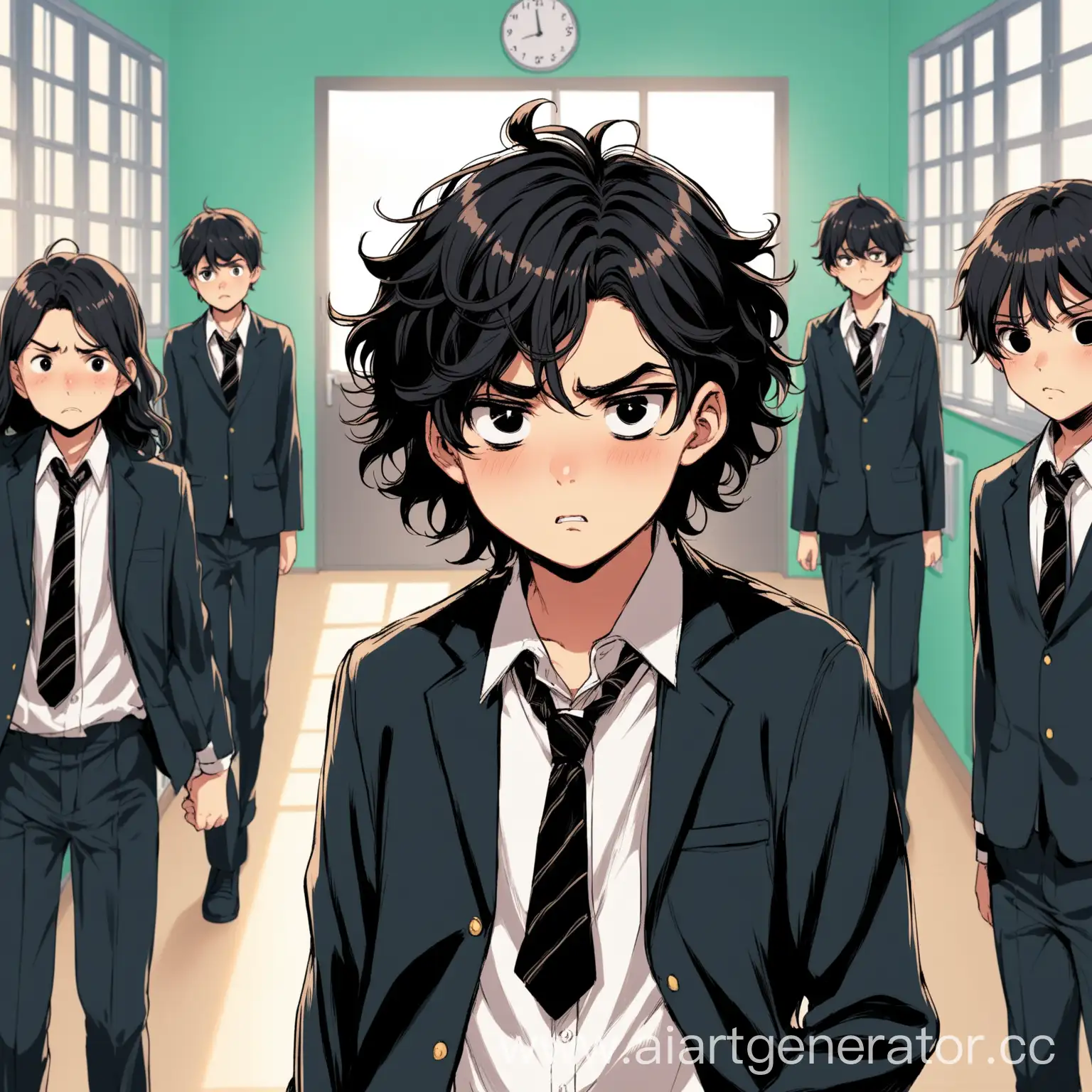 Мальчик школьник с чёрными волнистыми волосами и черными глазами стоит в школе, пока над ним издеваются