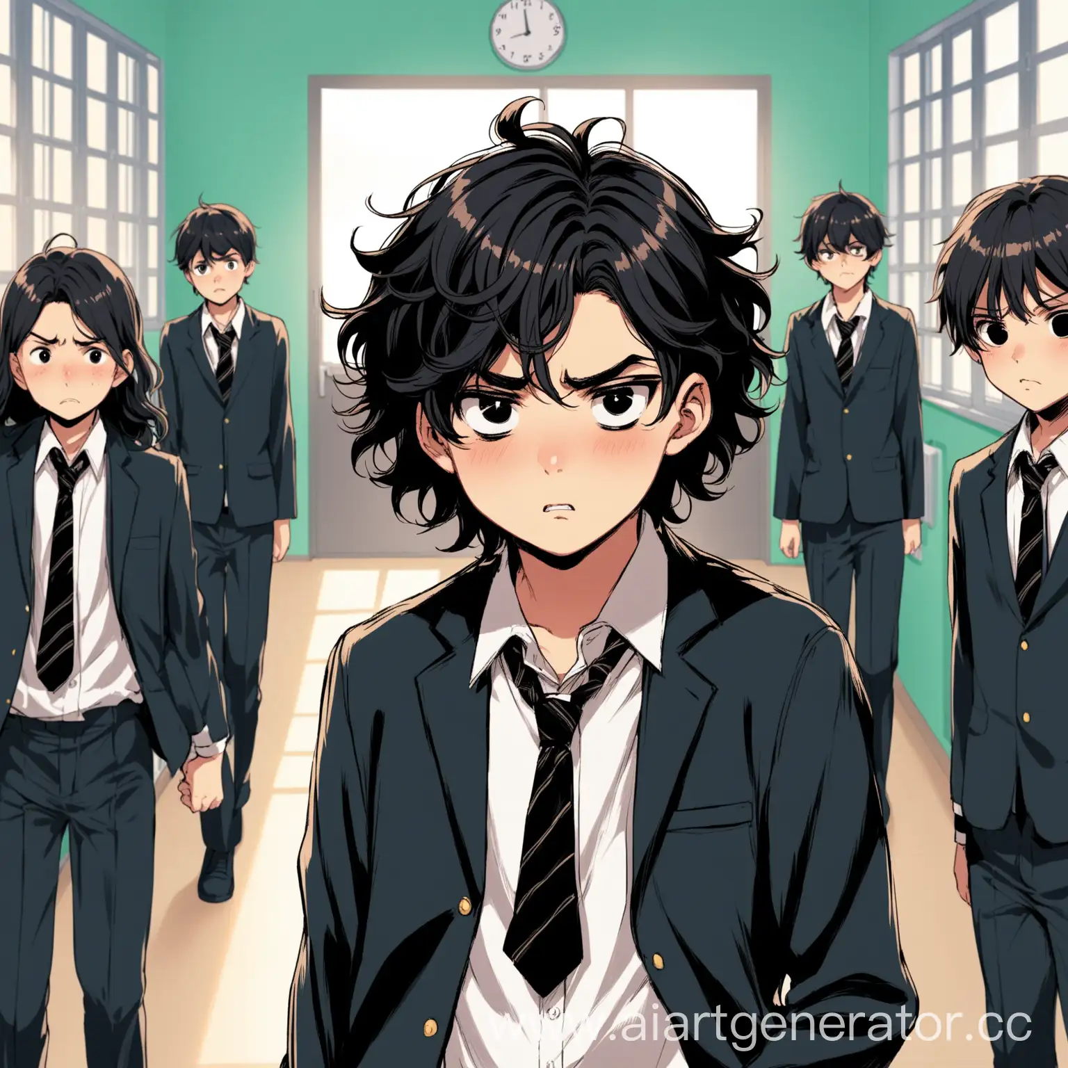 Schoolboy-with-Black-Wavy-Hair-Standing-Amidst-Bullying-in-School