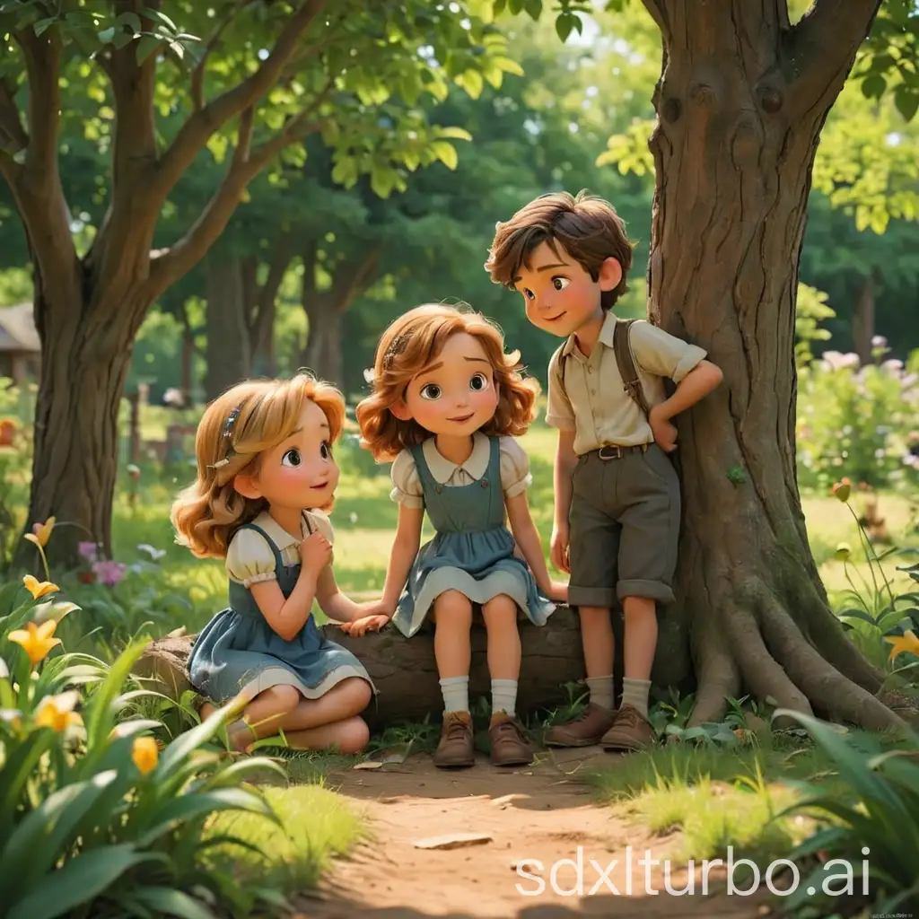 "Once upon a time, in a happy village, lived Lily, Sarah, and Tom. They loved playing under the shade of the trees."
