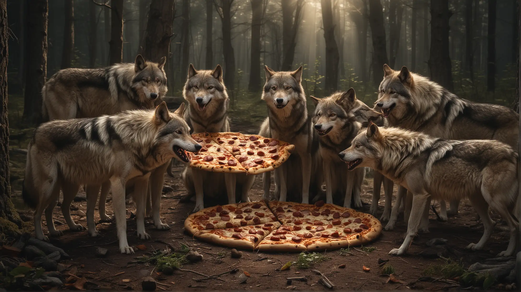 Pack of Wolves Enjoying Pizza Feast in Dramatic Forest Setting