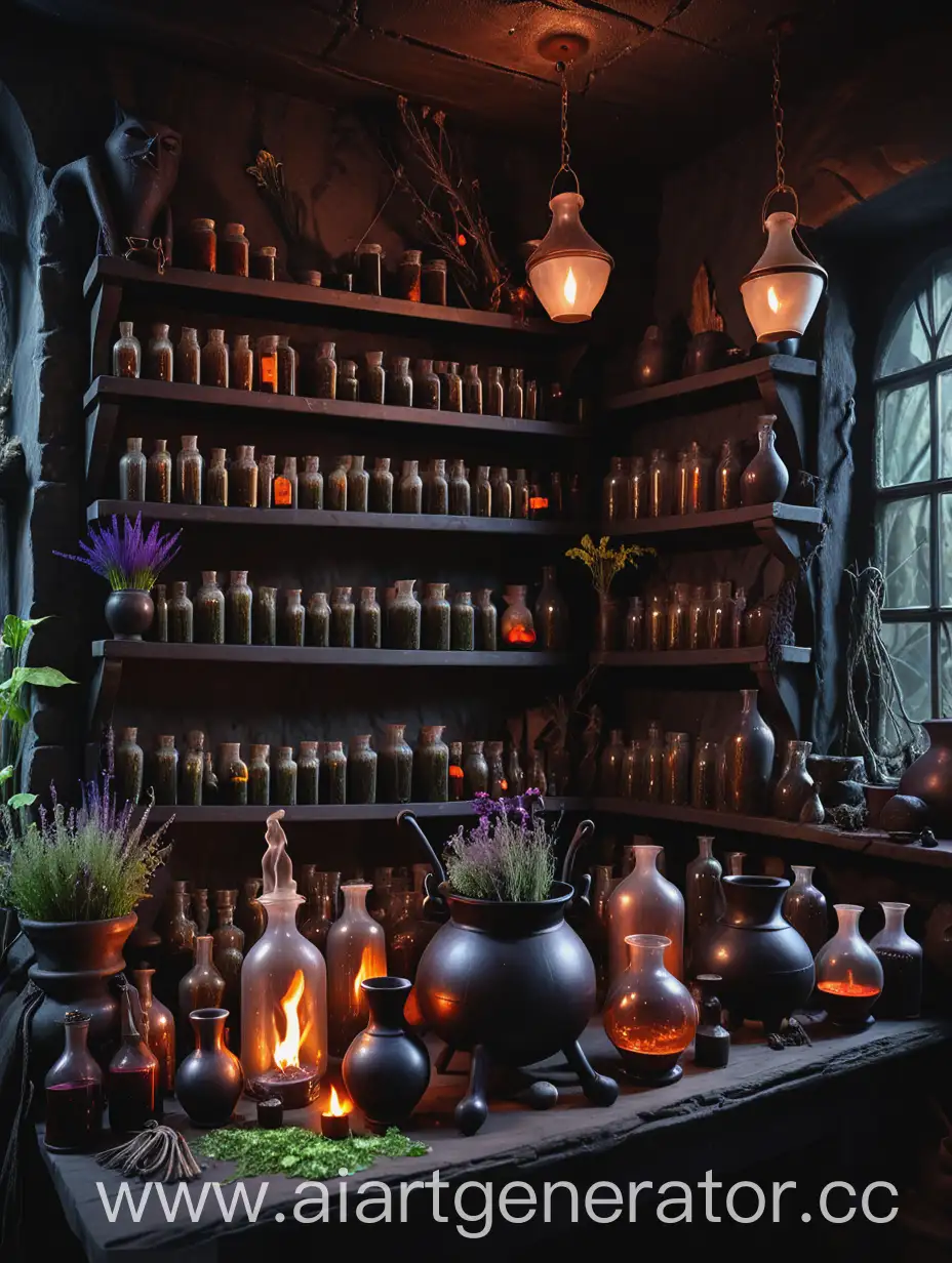 Темное логово ведьм с множеством пробирок, котлом, целебной травой на стене и столом.