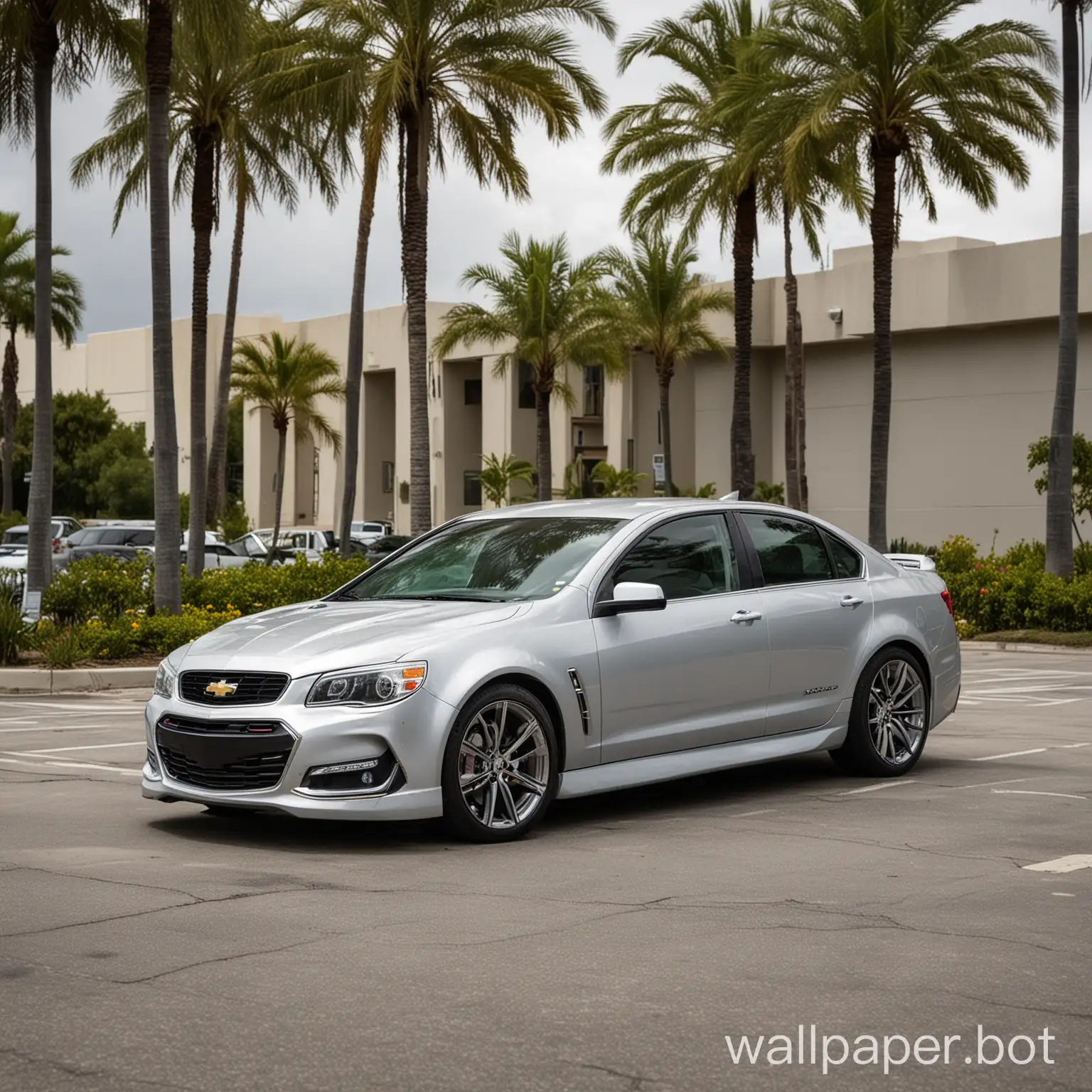 A 2016 Chevrolet SS in Silver Ice Metallic paint in a parking lot with palm trees in the background