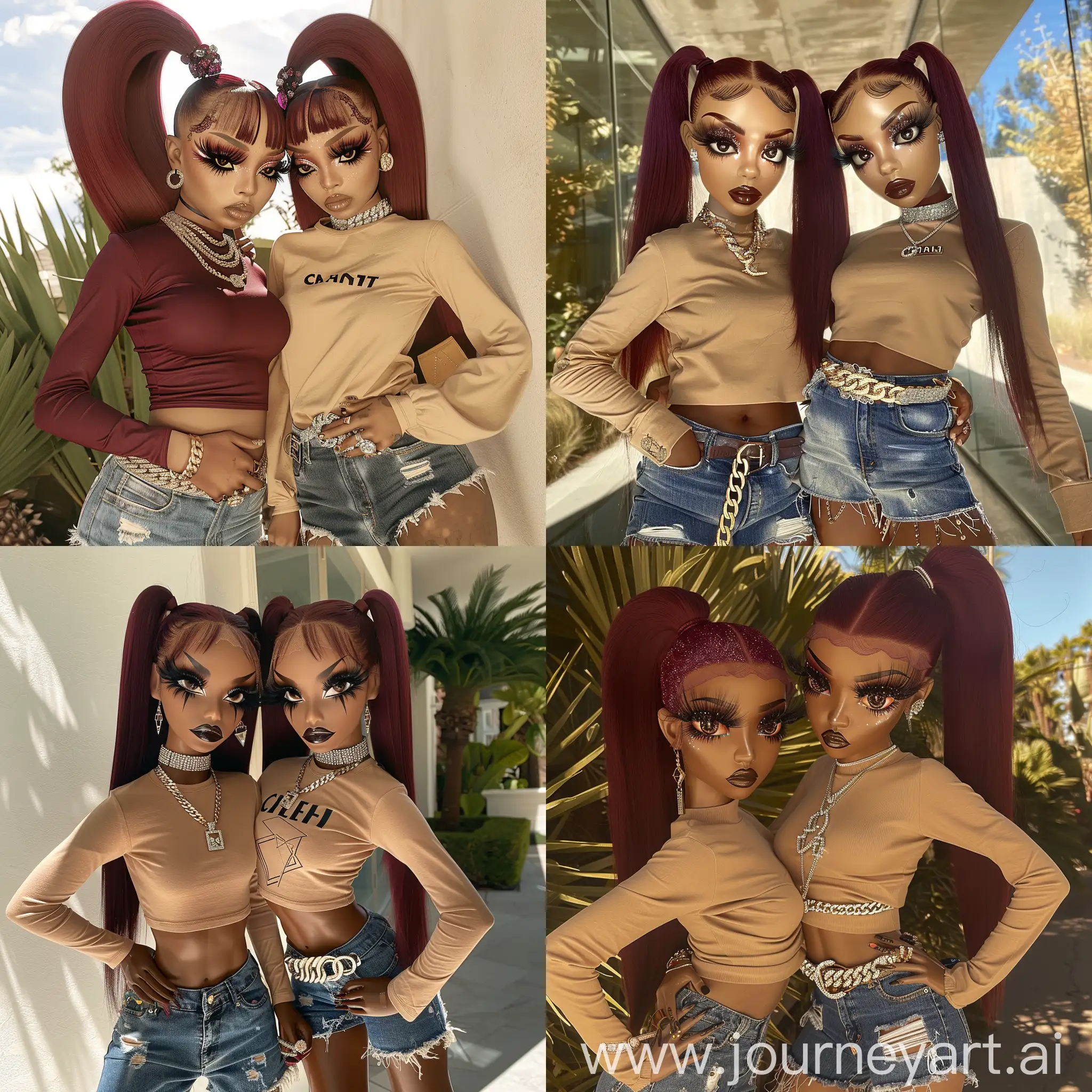 hyper realistic image of african american betty boops with huge brown eyes, sleek burgundy 99j ponytail lace wig baby hairs, glamorous makeup with glitter, distressed denim shorts, tan chanel long sleeve shirt, long exaggerated eyelashes, designer belt, diamond chain and rings, posing for picture on hot sunny day with bestfriend who looks like her