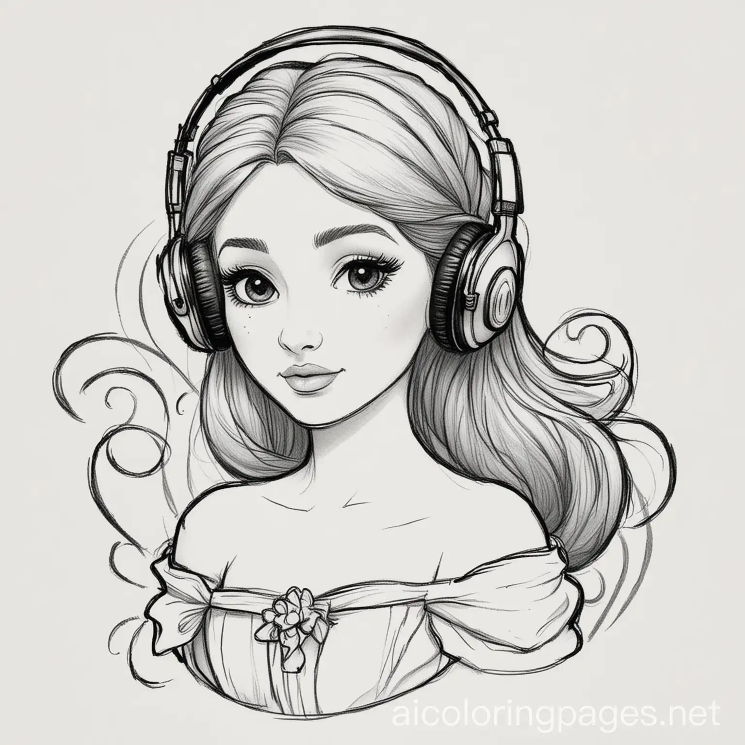 Princess belle listening to music, Coloring Page, black and white, line art, white background, Simplicity, Ample White Space. The background of the coloring page is plain white to make it easy for young children to color within the lines. The outlines of all the subjects are easy to distinguish, making it simple for kids to color without too much difficulty