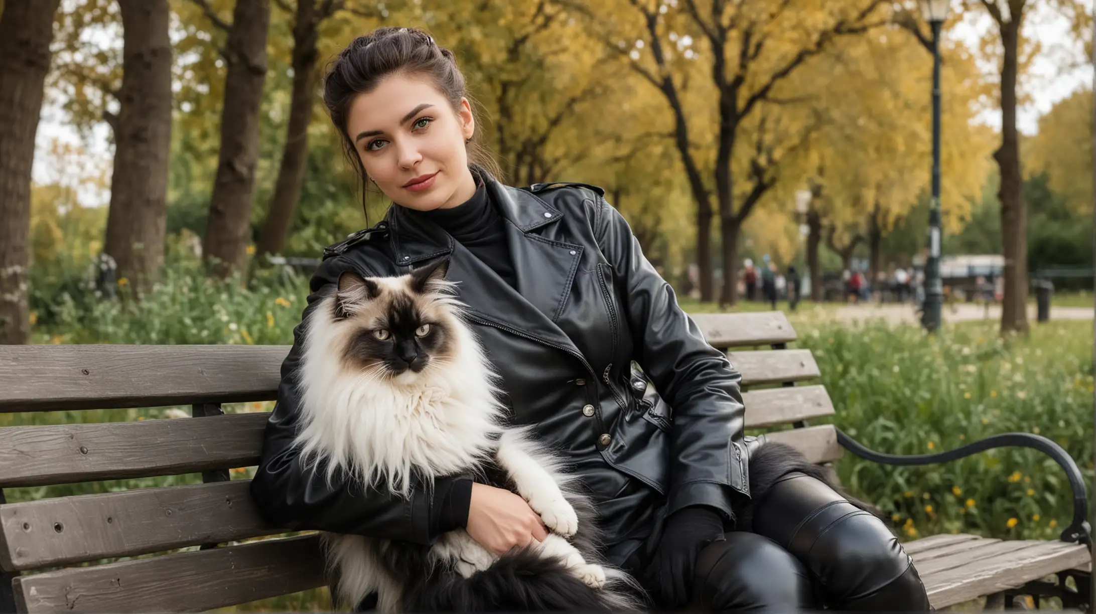 the portrait of a modern woman in a leather black uniform with her favourite angora cat, on a bench in a park