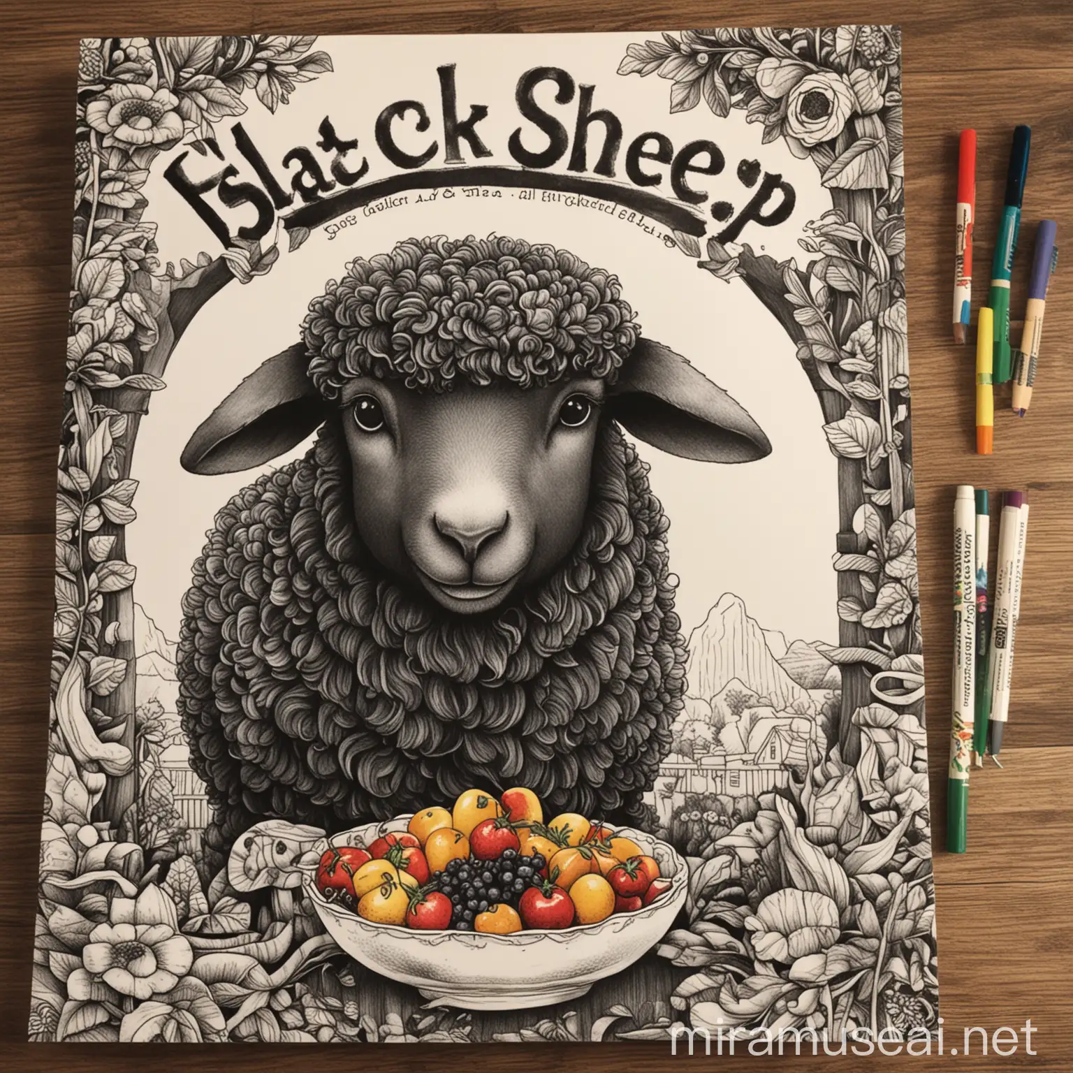 create 40 page coloring book with illustrations of how a black sheep goes through challenges with eating the proper foods but in the end finds the best healthy meals to share with her friends