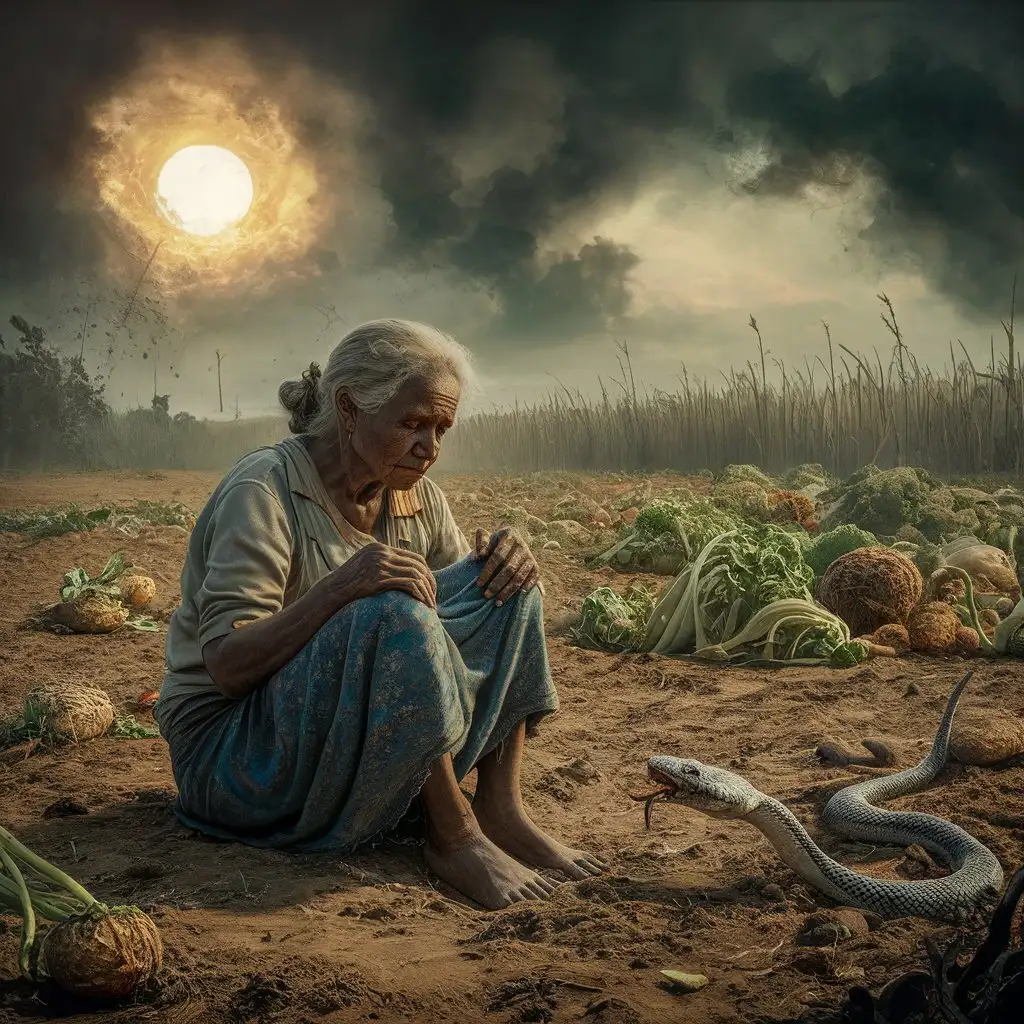stara kobieta siedzi na wyschniętym przez słońce polu i rozpacza, dookoła niej wyschnięte warzywa po horyzont, obok niej pełza żmija, na niebie ostre słońce prześwituje przez zapylone niebo, atmosfera horroru i rozpaczy, 