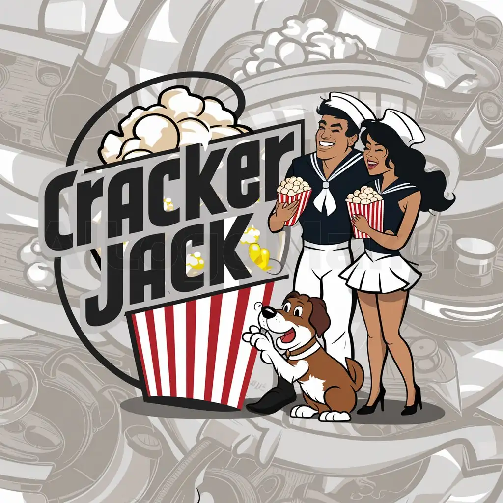 a logo design,with the text "Cracker Jack", main symbol:Popcorn, snack, man and woman black people- modern. Sailors outfit, dog-brown and white. Modern,complex,clear background