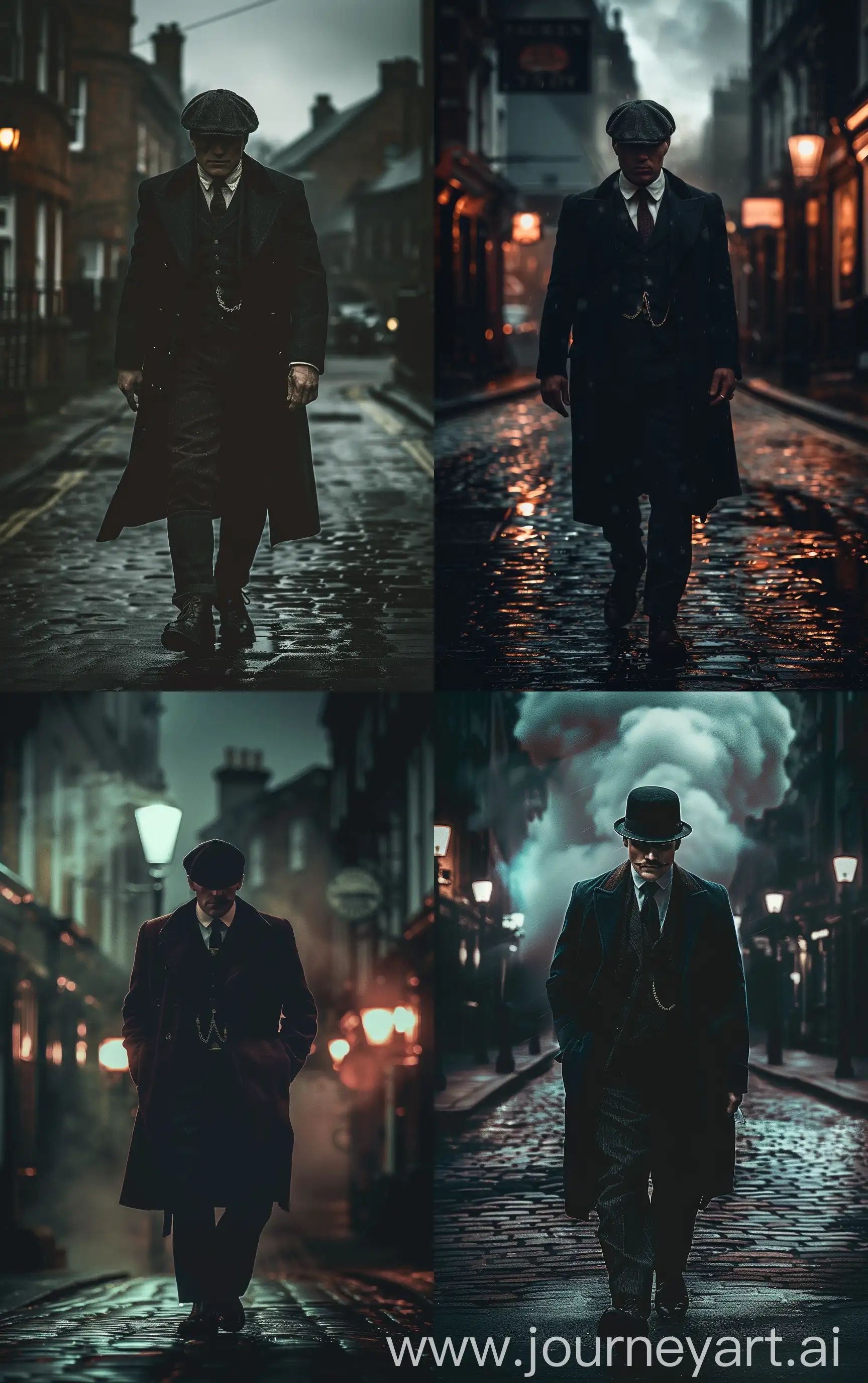 A gangster man in the style of Peaky Blinders, on a dark street, front view, wallpaper, --ar 10:16