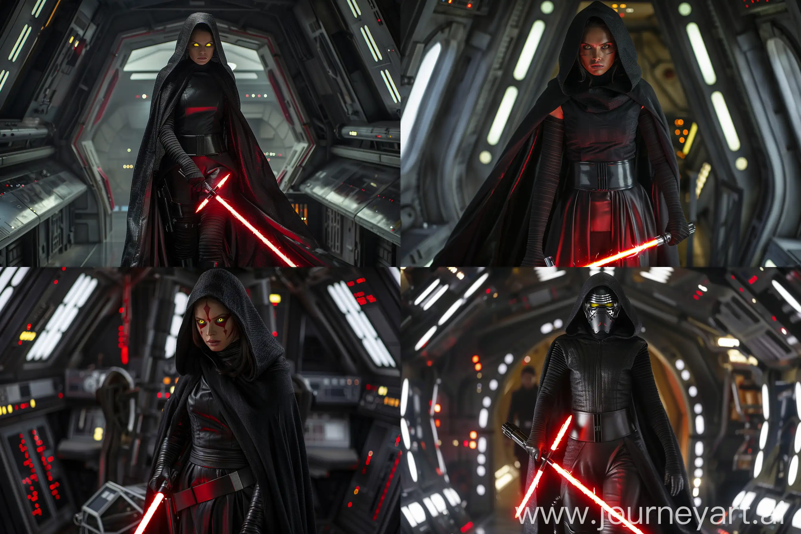 Cinematic still film scenes of new movie of Star Wars, fullbody  Sith Rey with a red double-bladed lightsaber,  wearing all black, wearing a black cape and a hood, yellow sith eyes, live action, nside of spaceship --v 6.0 --ar 6:4