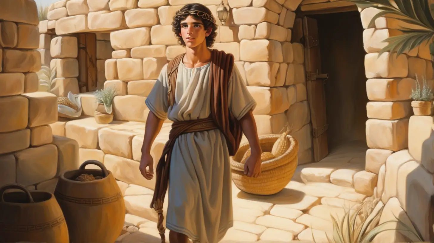 epoque biblique, un jeune et beau serviteur hébreu sort d'une belle demeure hébreu antique avec un balluchon sur l'épaule