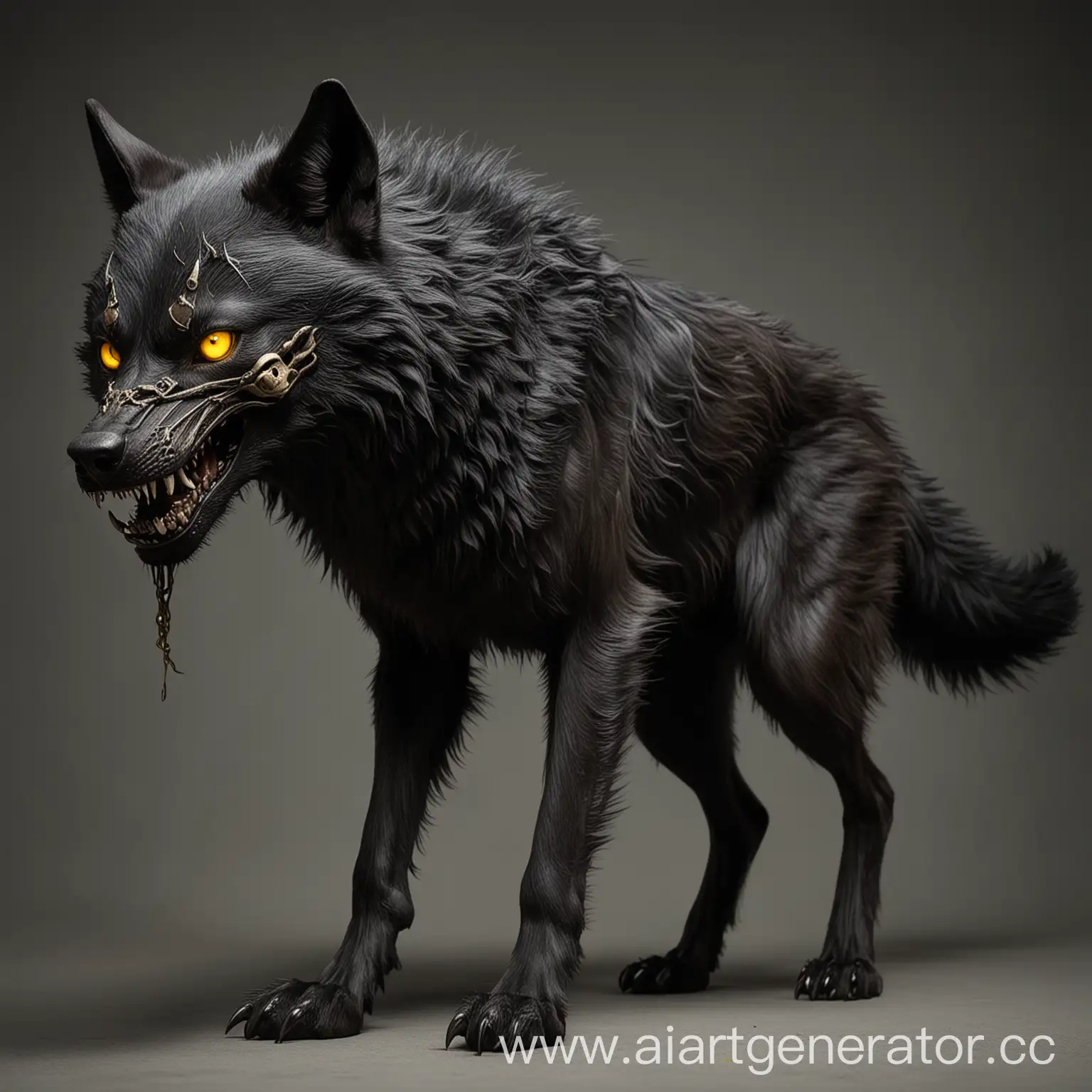 Существо в виде черного волка с черепом заместо морды, с жёлтыми глазами и двухметровым хвостом. 