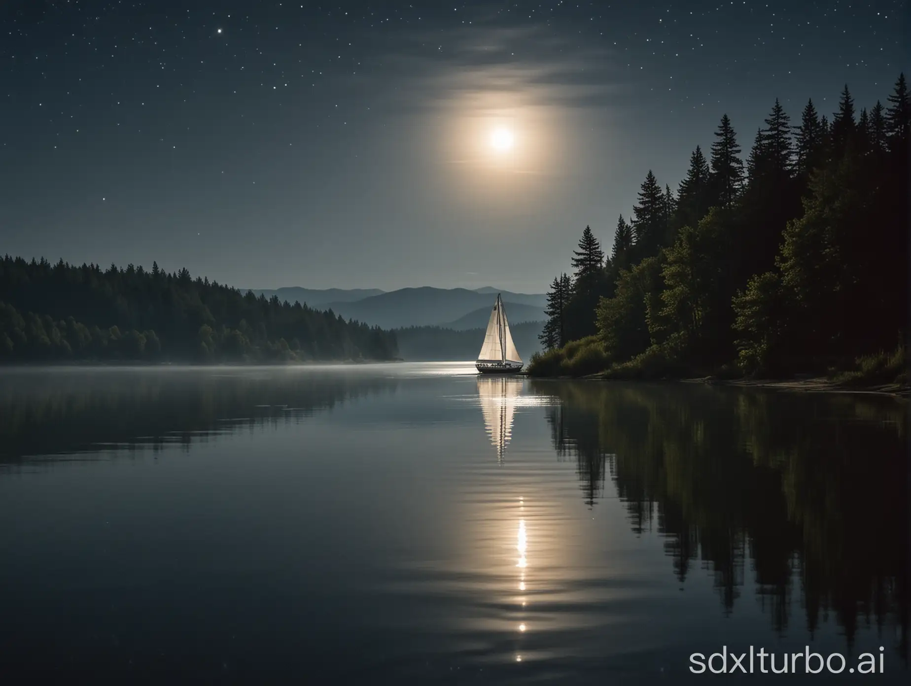 Lake at night in the moonlight, with a sailboat sailing in the moonlight