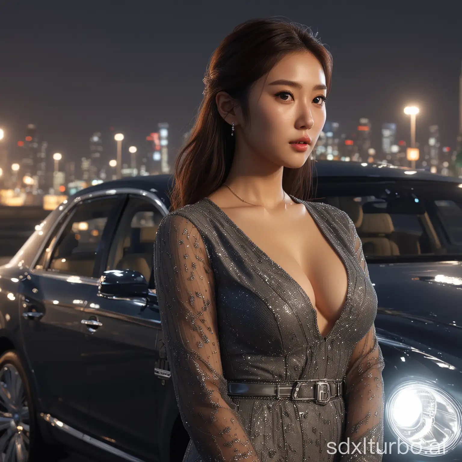 young korean girl, gorgeous face, huge breast, bentley flying spur, night, seoul, realistic, masterpiece, raytraced