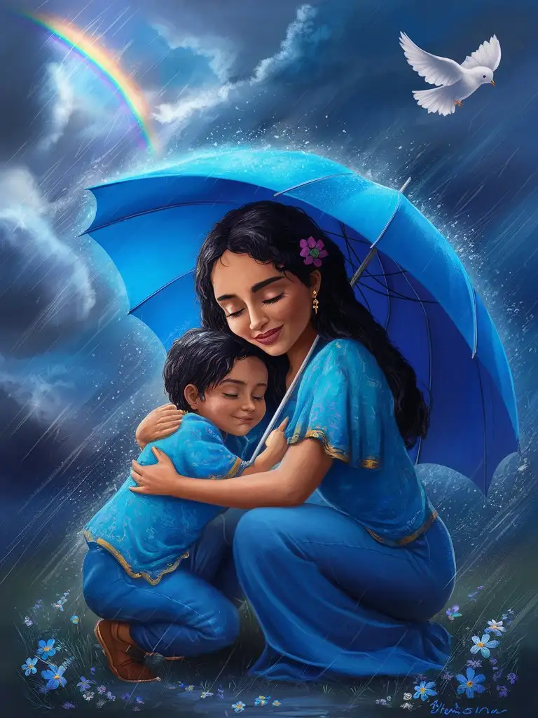 heartwarming, digital painting depicting a beautiful, latina mother and her child seeking comfort (hugging) under a bright blue umbrella during a storm. Both figures are dressed in calming shades of blue, adding to the sense of unity and protection. Above them, a radiant rainbow shines through the turbulent clouds, symbolizing hope and resilience. A peaceful dove gracefully glides across the sky, bringing a feeling of tranquility and peace to the scene. The imagery of the blue hues, coupled with the symbols of hope and peace, creates a soothing and reassuring atmosphere in this touching moment of maternal love and solace. Add flowers on the ground.