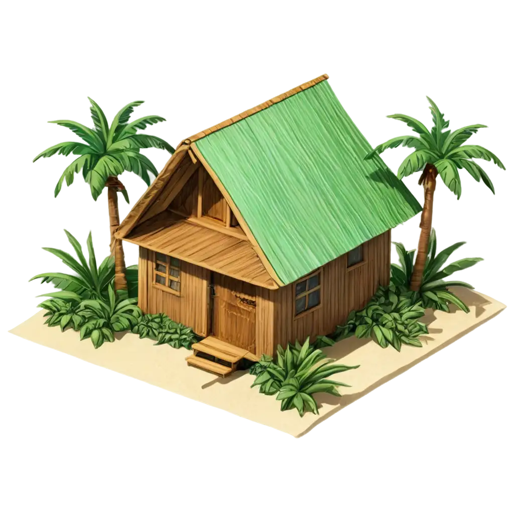 A clipart tiki hut with palm trees viewed from above