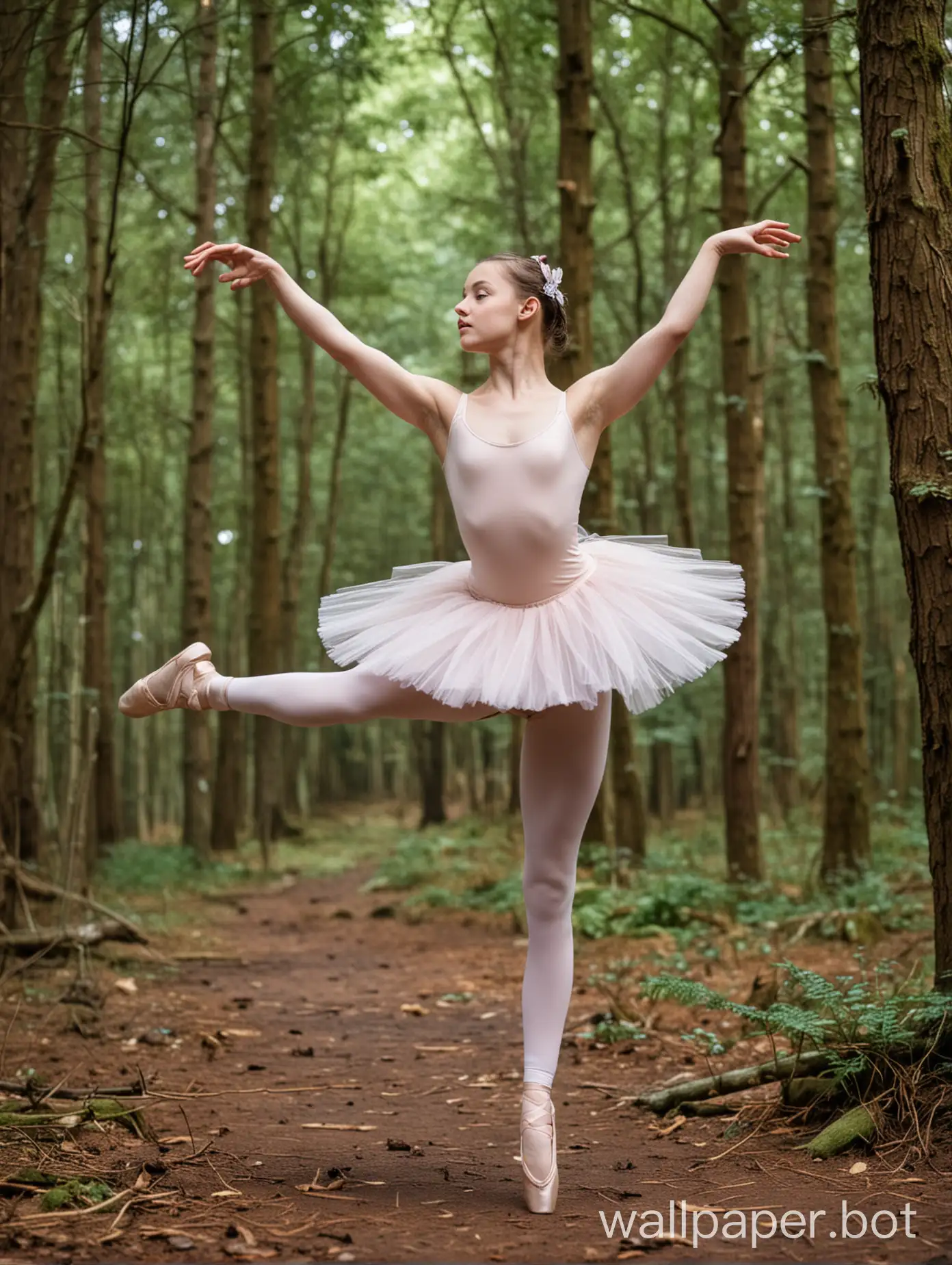 girl, aged 14, performing ballet in a forest setting