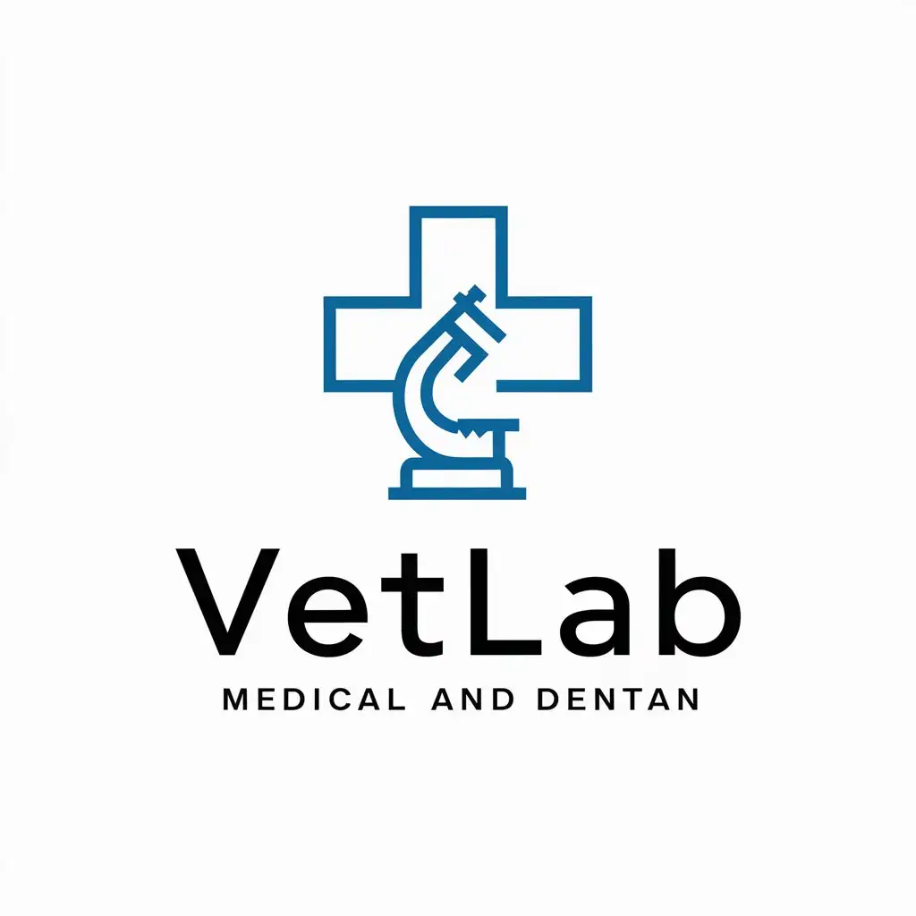 a logo design,with the text "VetLab", main symbol:Blue cross of the veterinary service on the background, on the main microscope, without text,Minimalistic,be used in Medical Dental industry,clear background